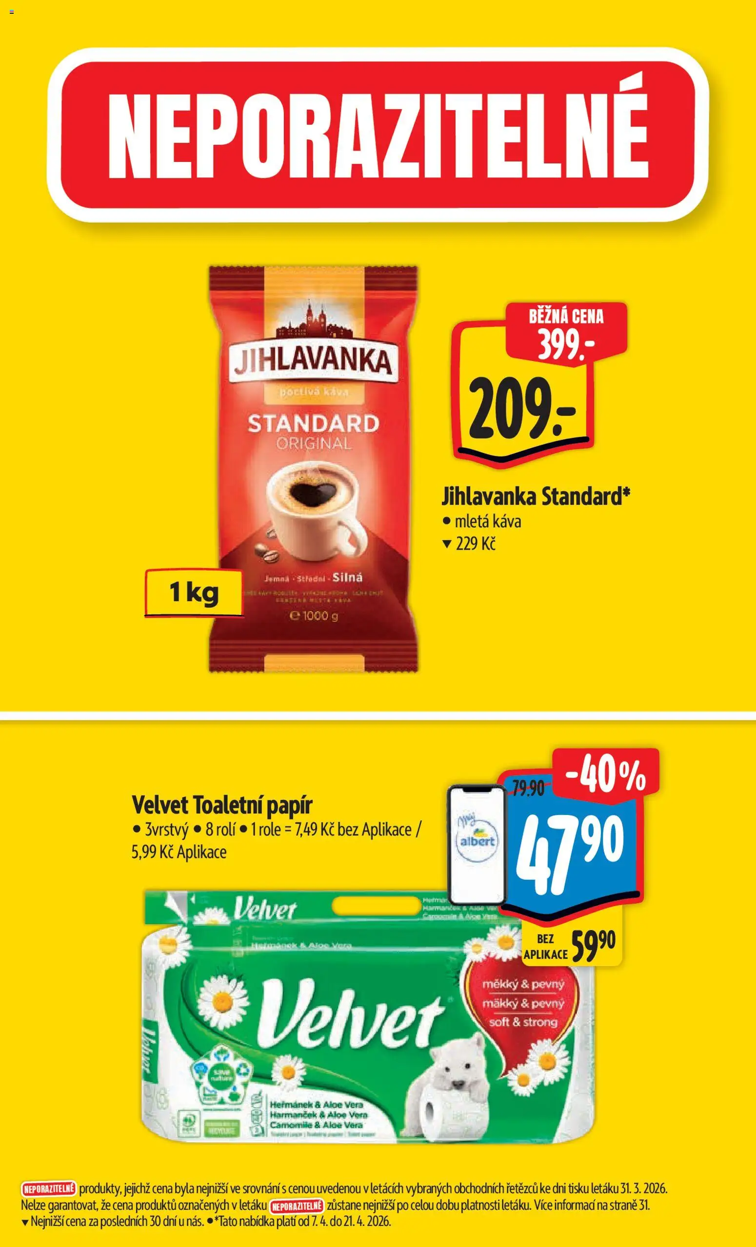 Albert leták - Hypermarket od 07.04.2026 | Strana: 4 | Produkty: Toaletní papír, Jihlavanka, Velvet, Aloe vera