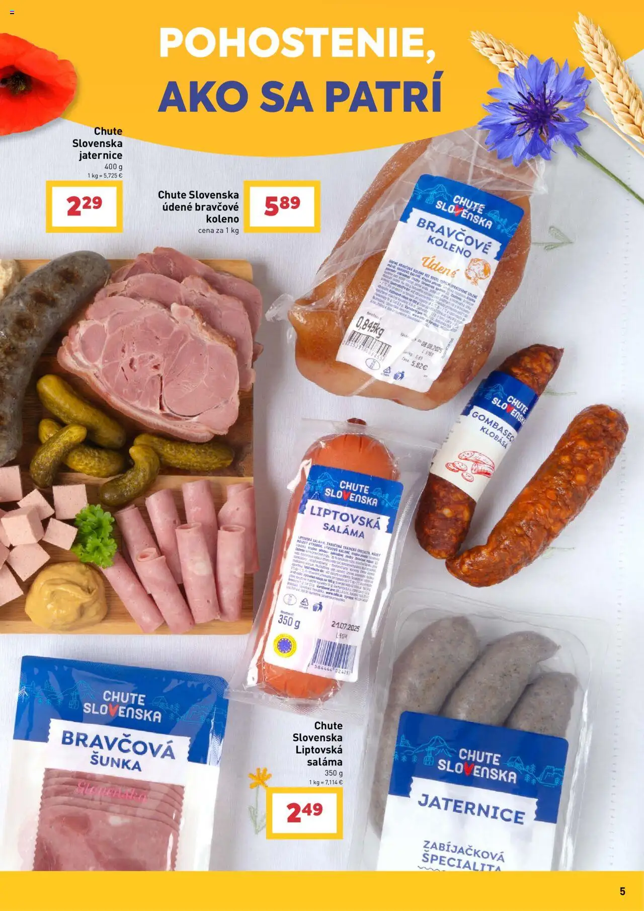 Billa chute Slovenska │ platný od 13.08.2025 | Strana: 5 | Produkty: Saláma, Šunka, Klobása, Bravčové koleno