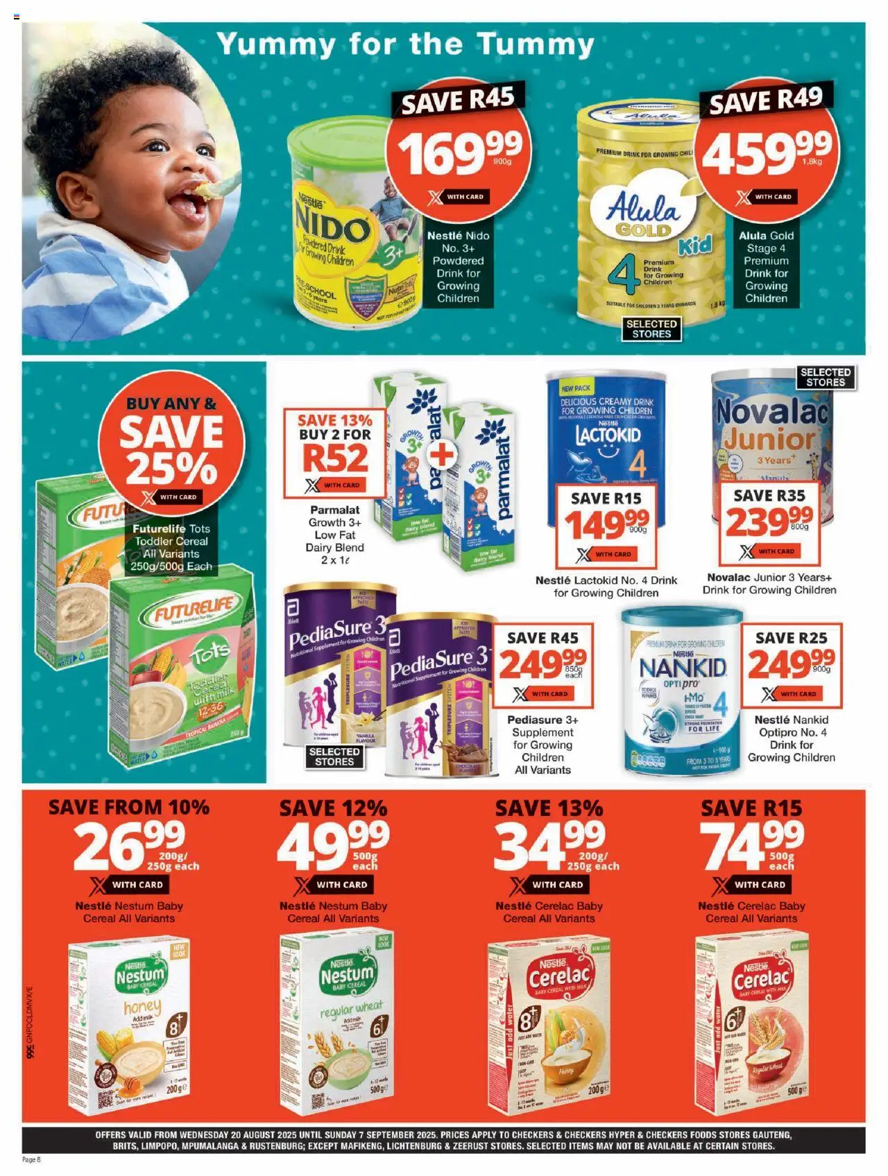 Checkers Gauteng - Baby Promotion │ valid from 20.08.2025 | Page: 8 | Products: Milk, Chocolate, Water, Dairy blend