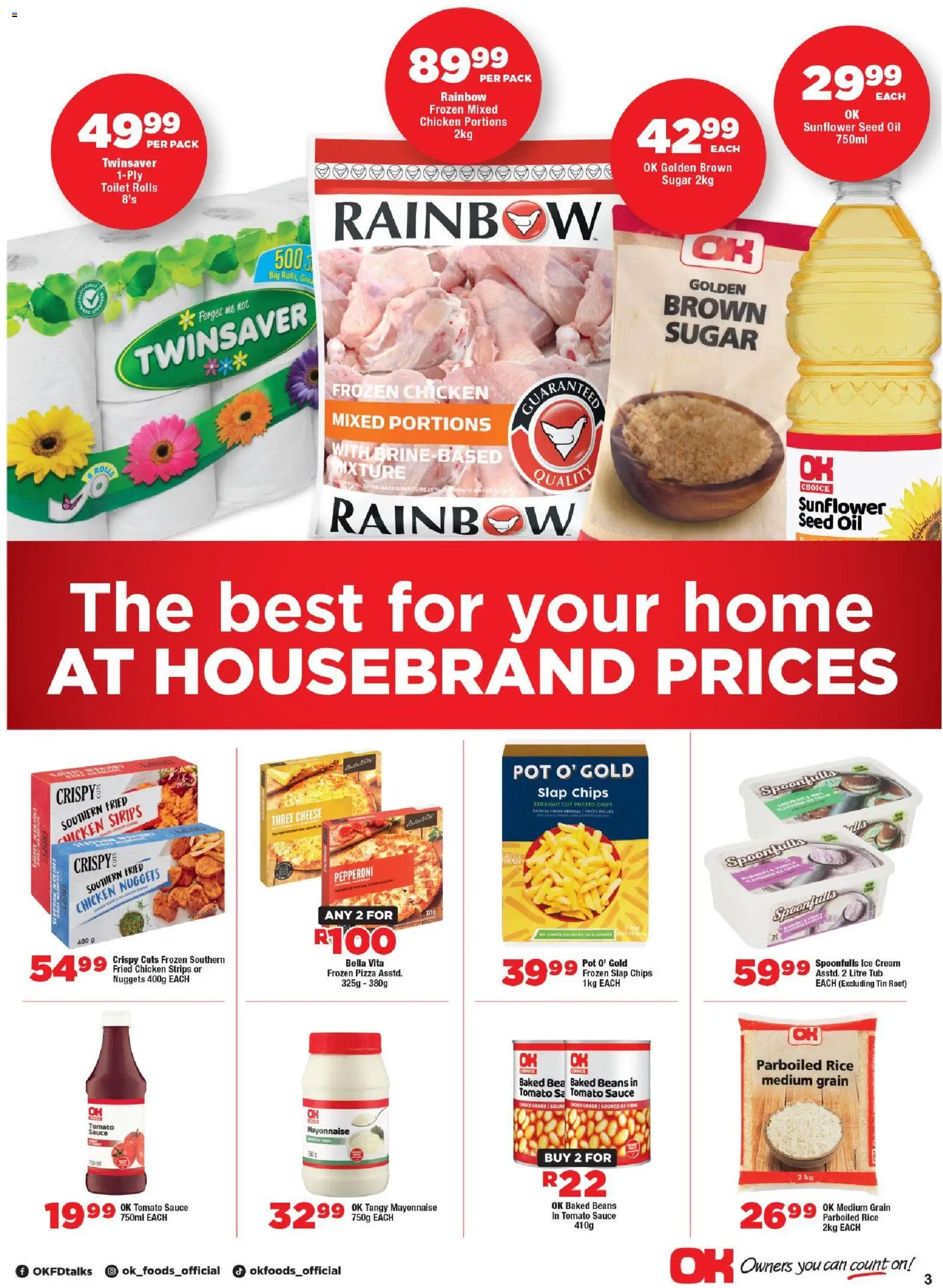 New OK Foods catalogue – valid from 11.02.2026 | Page: 3 | Products: Chicken, Rice, Tomato sauce, Ice cream