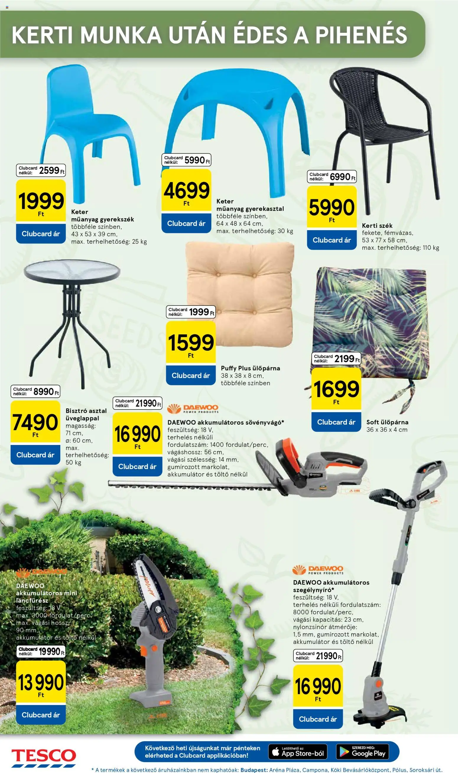 Tesco akciós ujság - amely érvényes a következő dátumtól: 07.04.2026 | Oldal: 28 | Termékek: Asztal, Töltő, Ülőpárna, Láncfűrész