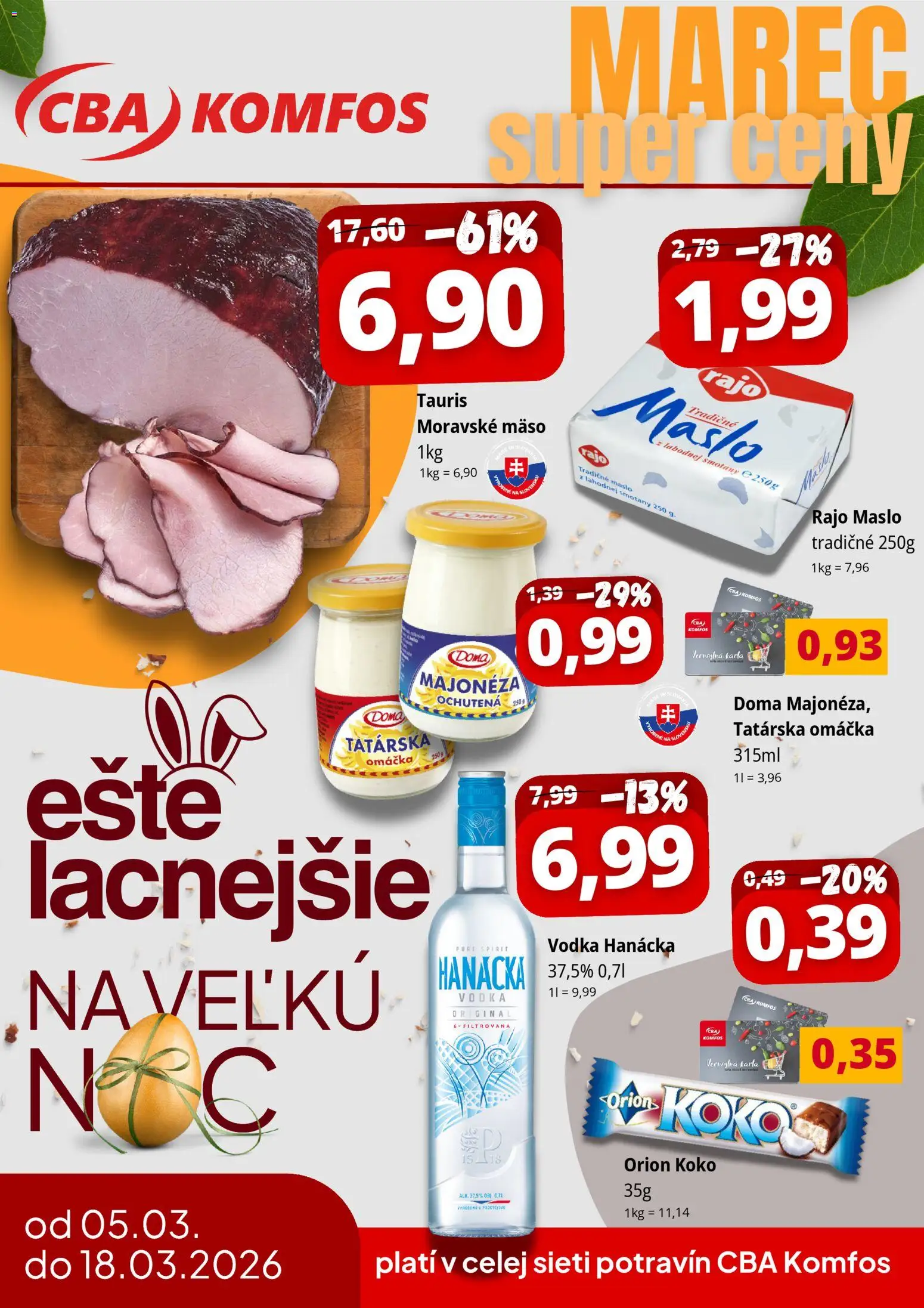 Nové CBA Komfos akcie – leták je platný od 05.03.2026 | Strana: 1 | Produkty: Maslo, Vodka, Tatárska omáčka, Omáčka