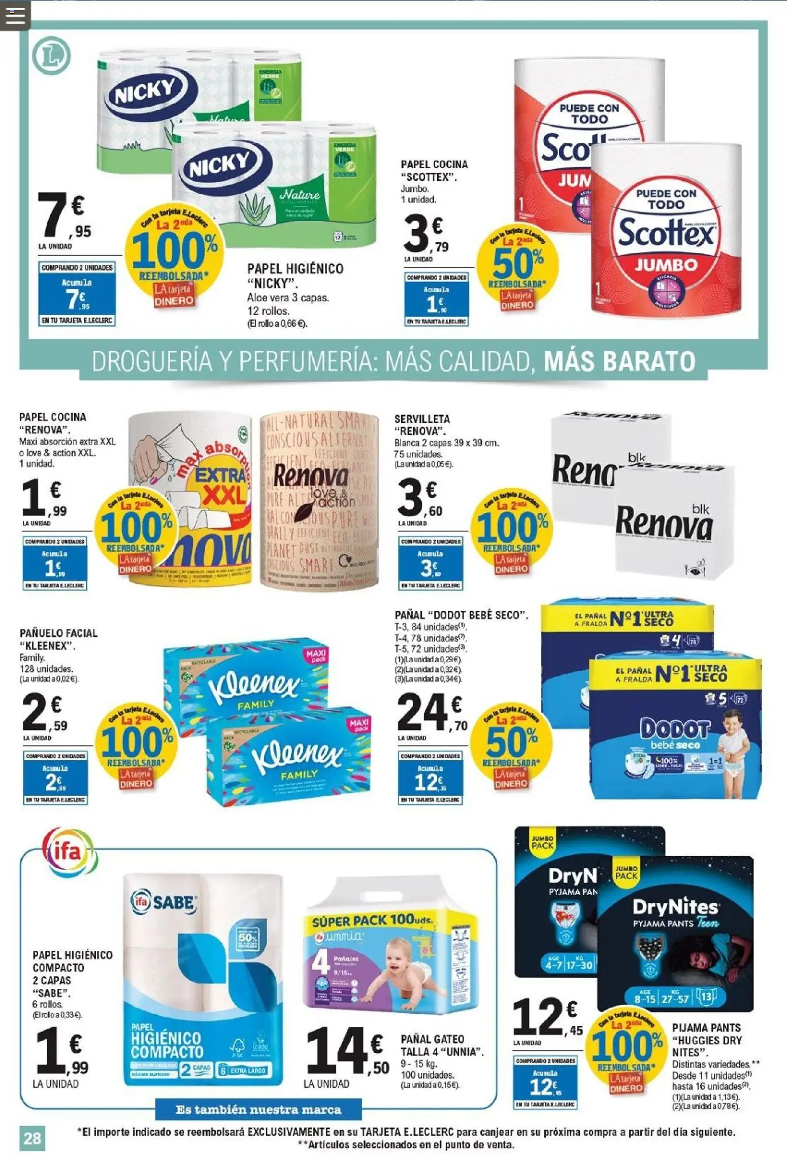 E.Leclerc folleto │ válido desde el 22.04.2026 | Página: 28 | Productos: Pañuelo, Pijama, Papel higienico, Cocina