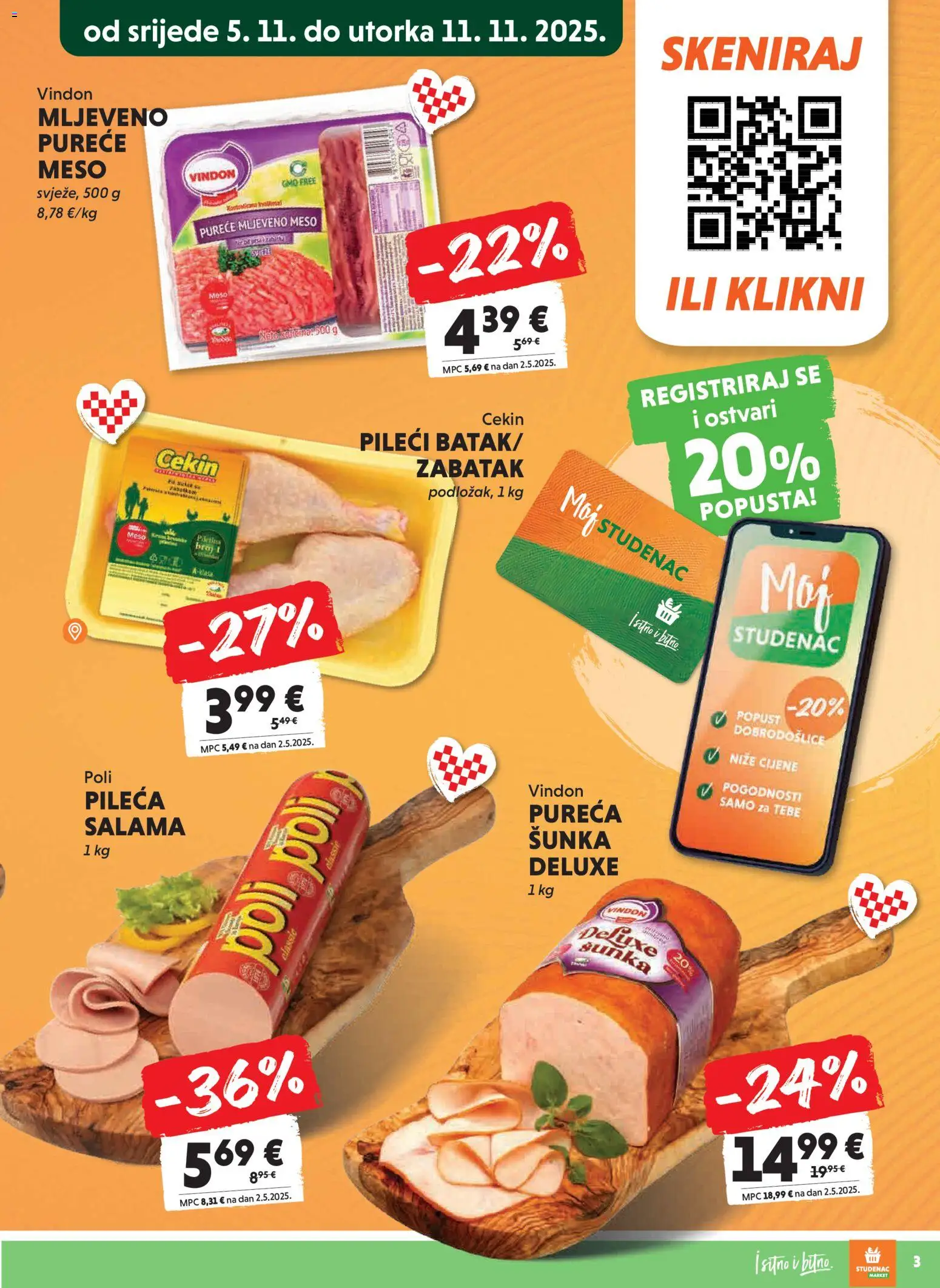 Studenac katalog | vrijedi od 05.11.2025 | Stranica: 3 | Proizvodi: Meso, Salama, Šunka, Mljeveno meso