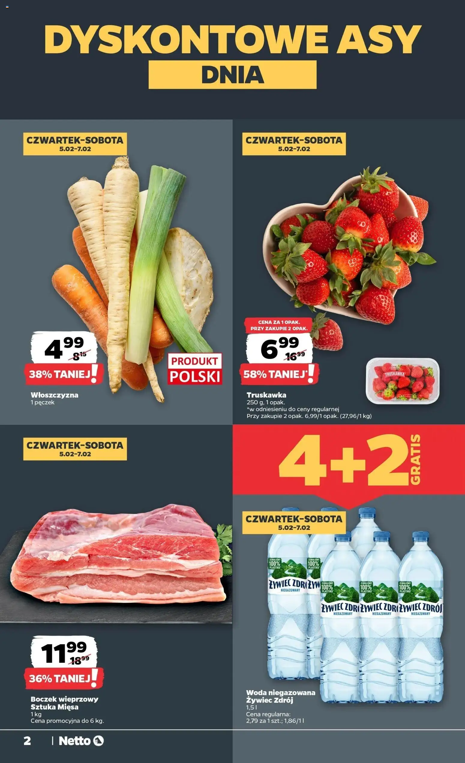 Netto gazetka - Spożywcza od 05.02.2026 | Strona: 2 | Produkty: Boczek wieprzowy, Boczek, Woda niegazowana, Woda