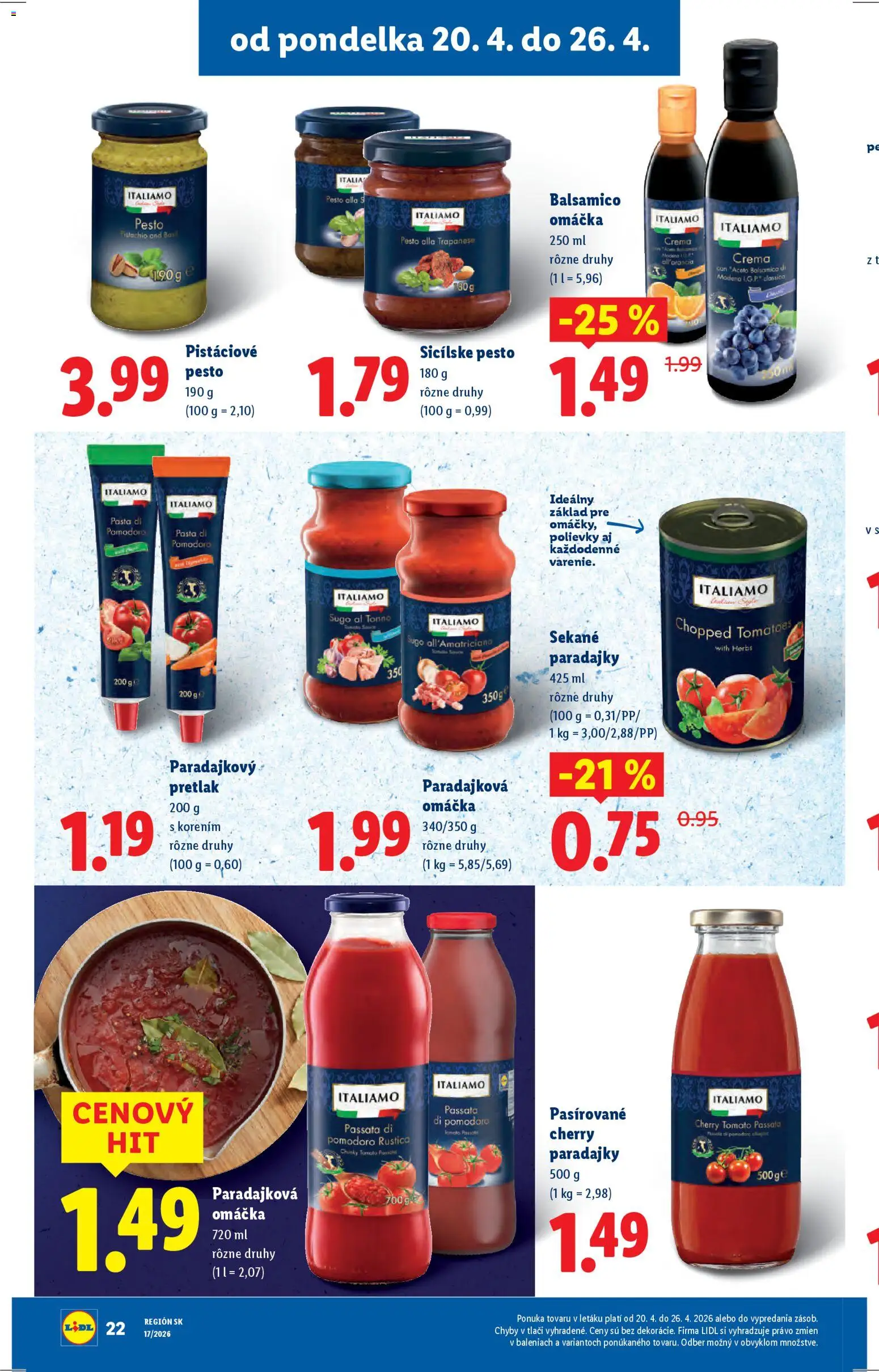 Nové Lidl akcie – leták je platný od 20.04.2026 | Strana: 22 | Produkty: Paradajky, Omáčka, Cherry paradajky