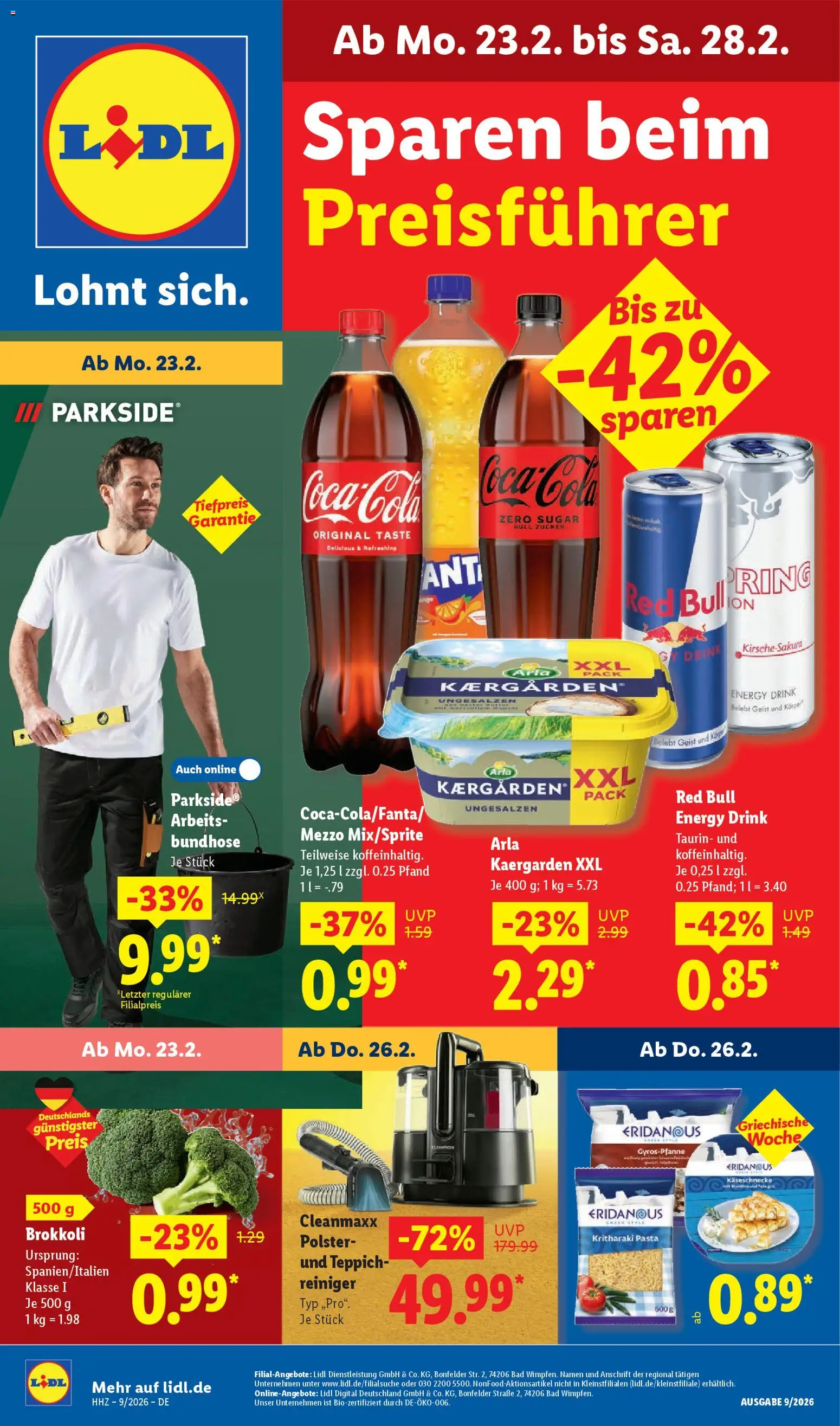 Lidl Prospekt Zossen – gültig ab 23.02.2026 | Seite: 1 | Produkte: Red bull, Bad, Brokkoli, Pasta