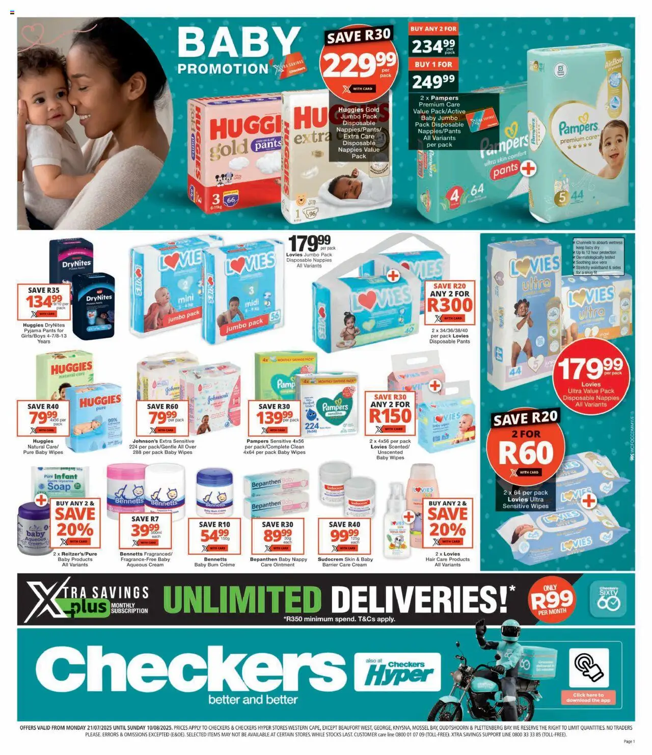 Checkers Western Cape - Baby Promotion │ valid from 21.07.2025 | Page: 1 | Products: Pants, Cream, Soap, Nappies
