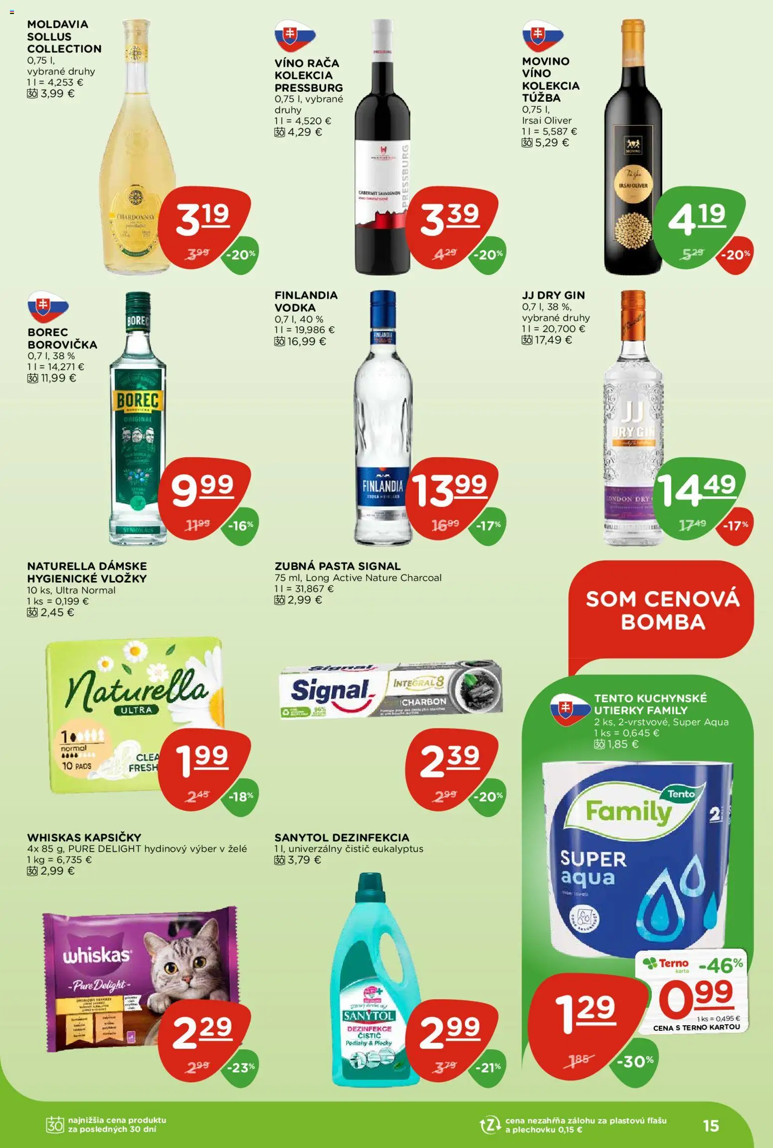 Nové Terno akcie – leták je platný od 19.03.2026 | Strana: 15 | Produkty: Zubná pasta, Whiskas, Gin, Vodka