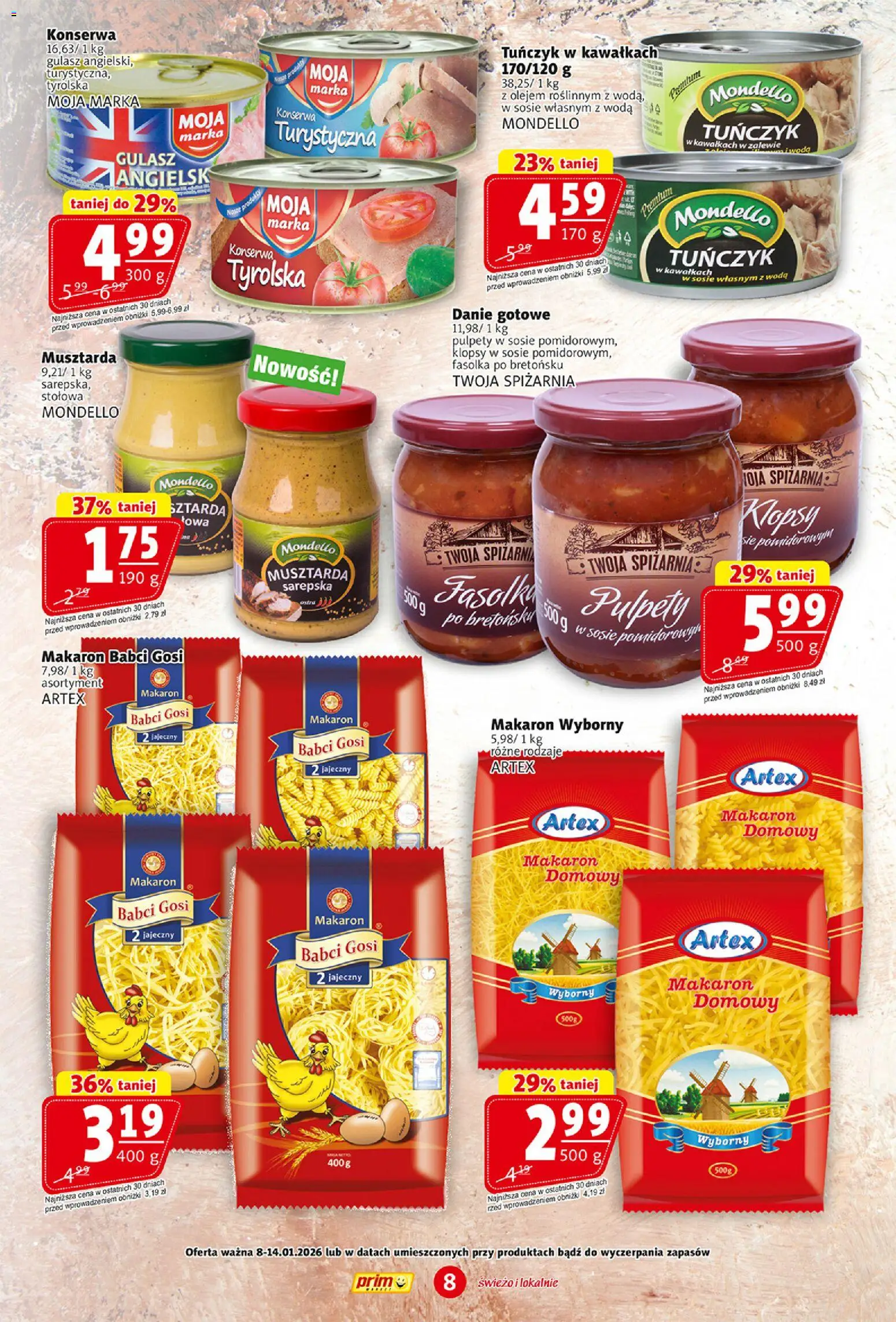 Prim Market Gazetka od 08.01.2026 | Strona: 8 | Produkty: Musztarda, Makaron, Gulasz, Woda