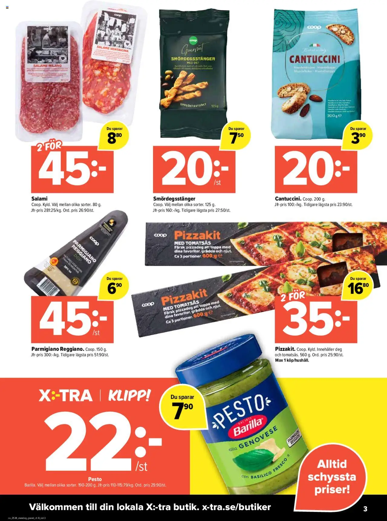Coop X:-TRA reklamblad aktuell från 15.09.2025 | Sida: 3 | Produkter: Ost, Pizzakit, Tomatsås, Pesto
