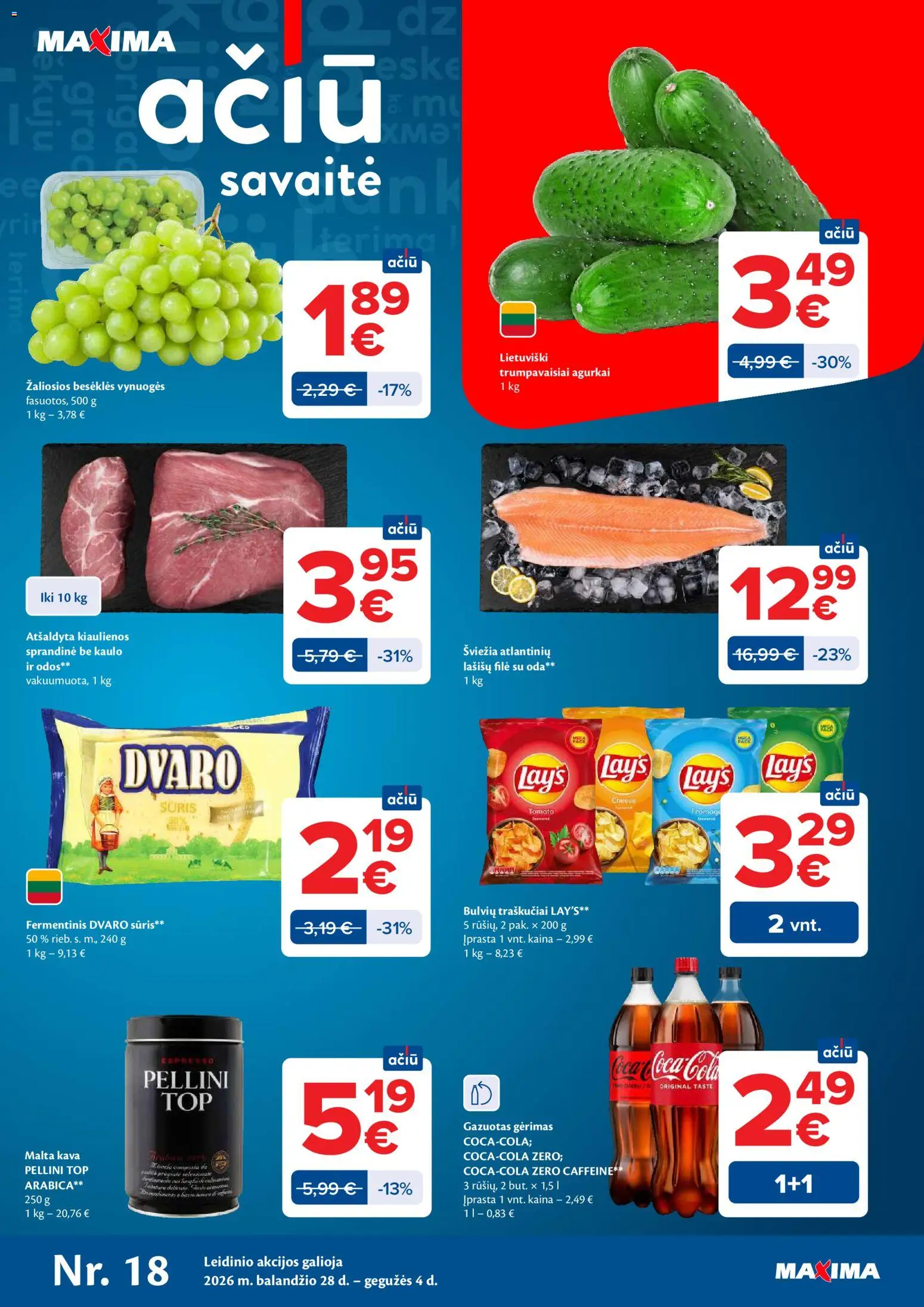 MAXIMA akcijos nuo 28.04.2026 | Puslapis: 1 | Prekių: Kiaulienos, Vynuogės, Lašišų filė, Traškučiai