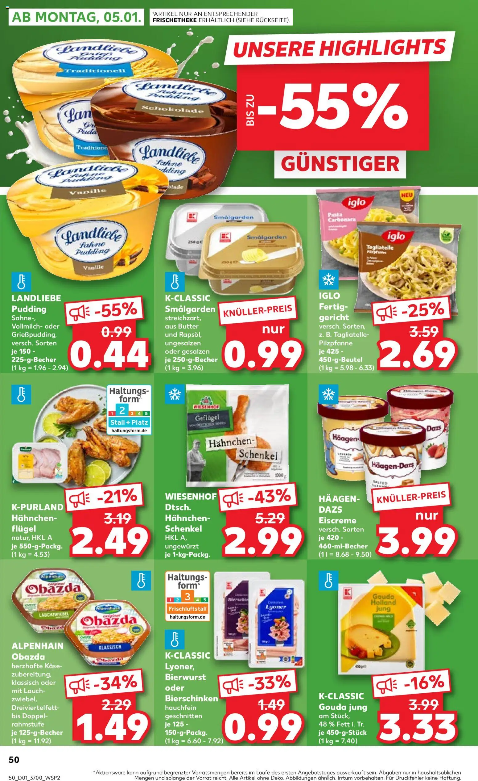 Kaufland prospekt Rostock	 – gültig ab 02.01.2026 | Seite: 50 | Produkte: Hahnchen, Butter, Eiscreme, Pasta
