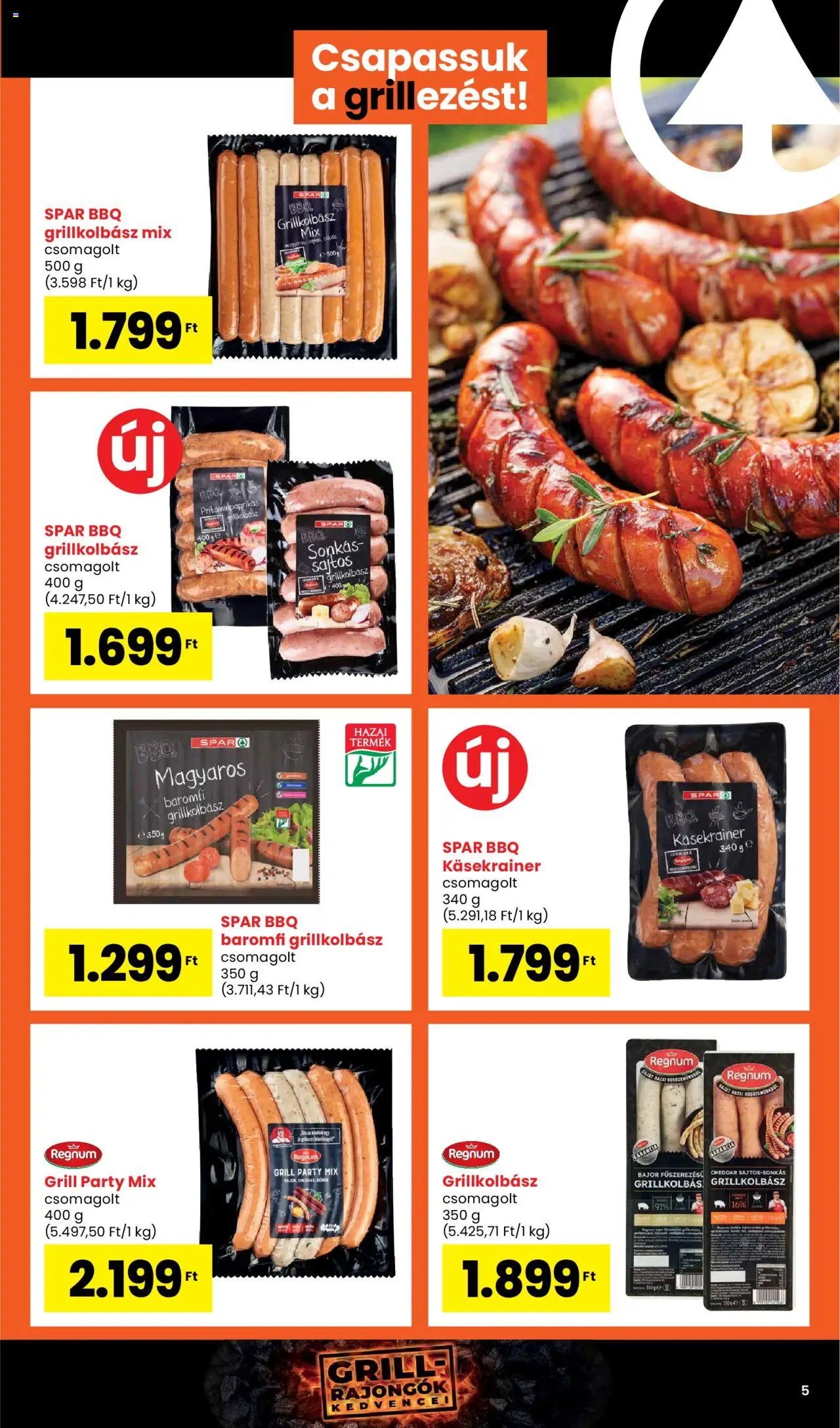 Spar akciós ujság - amely érvényes a következő dátumtól: 02.05.2025 | Oldal: 5 | Termékek: Grillkolbász, Grill, Cheddar