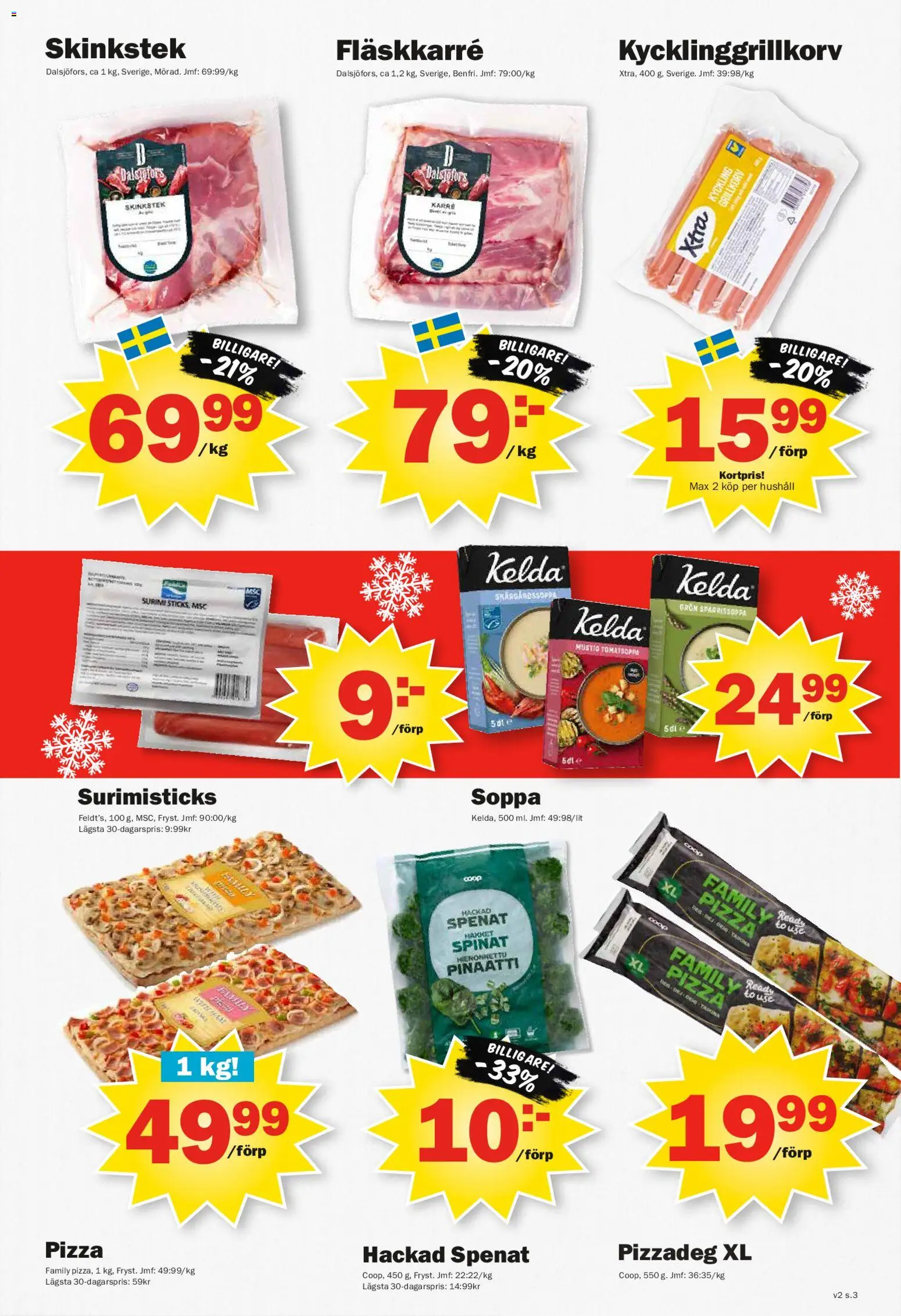 Pekås reklamblad aktuell från 05.01.2026 | Sida: 3 | Produkter: Grillkorv, Spenat, Pizza, Soppa