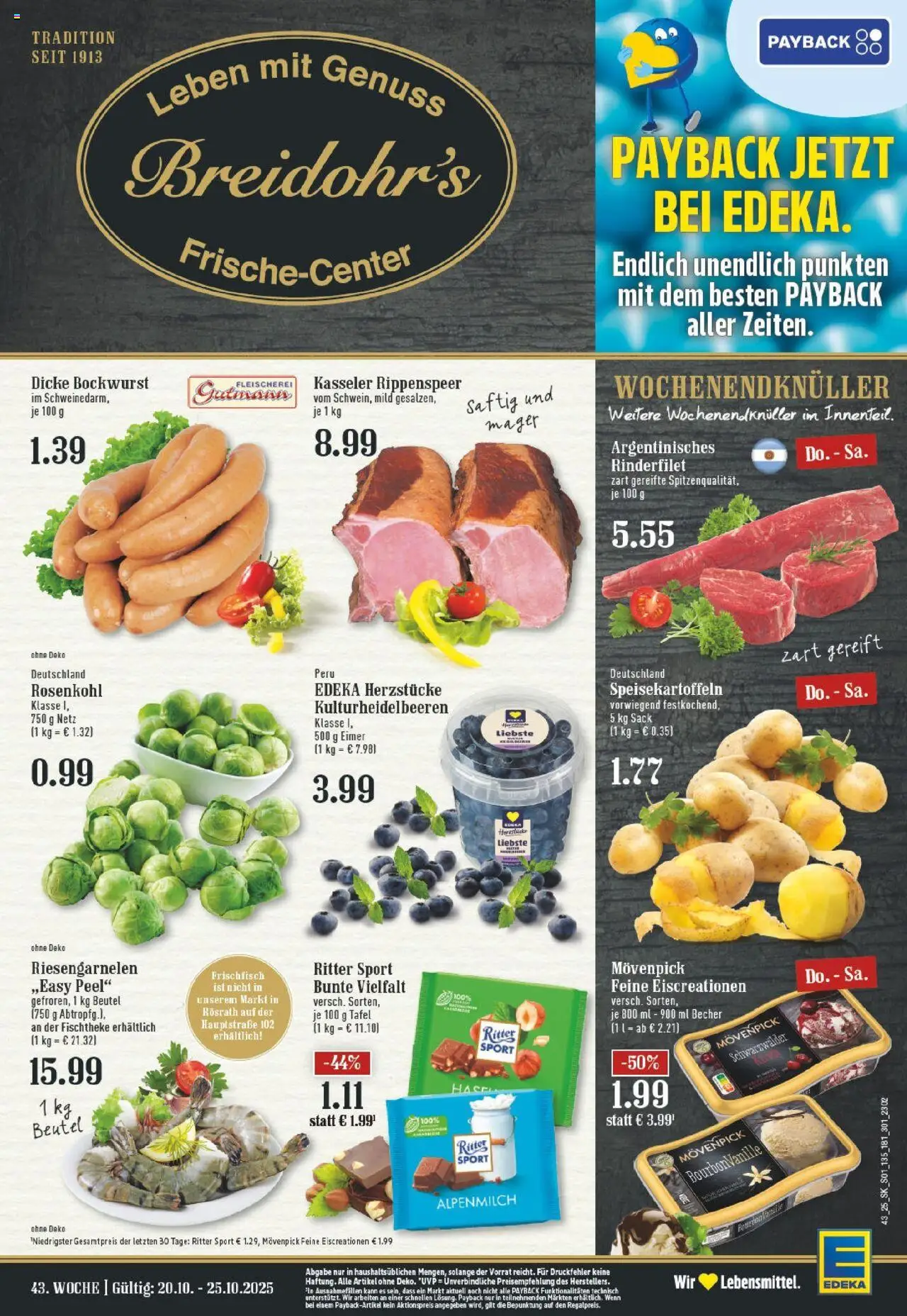 Edeka prospekt Rösrath	 – gültig ab 19.10.2025 | Seite: 1 | Produkte: Bockwurst, Rinderfilet, Ritter sport, Bourbon