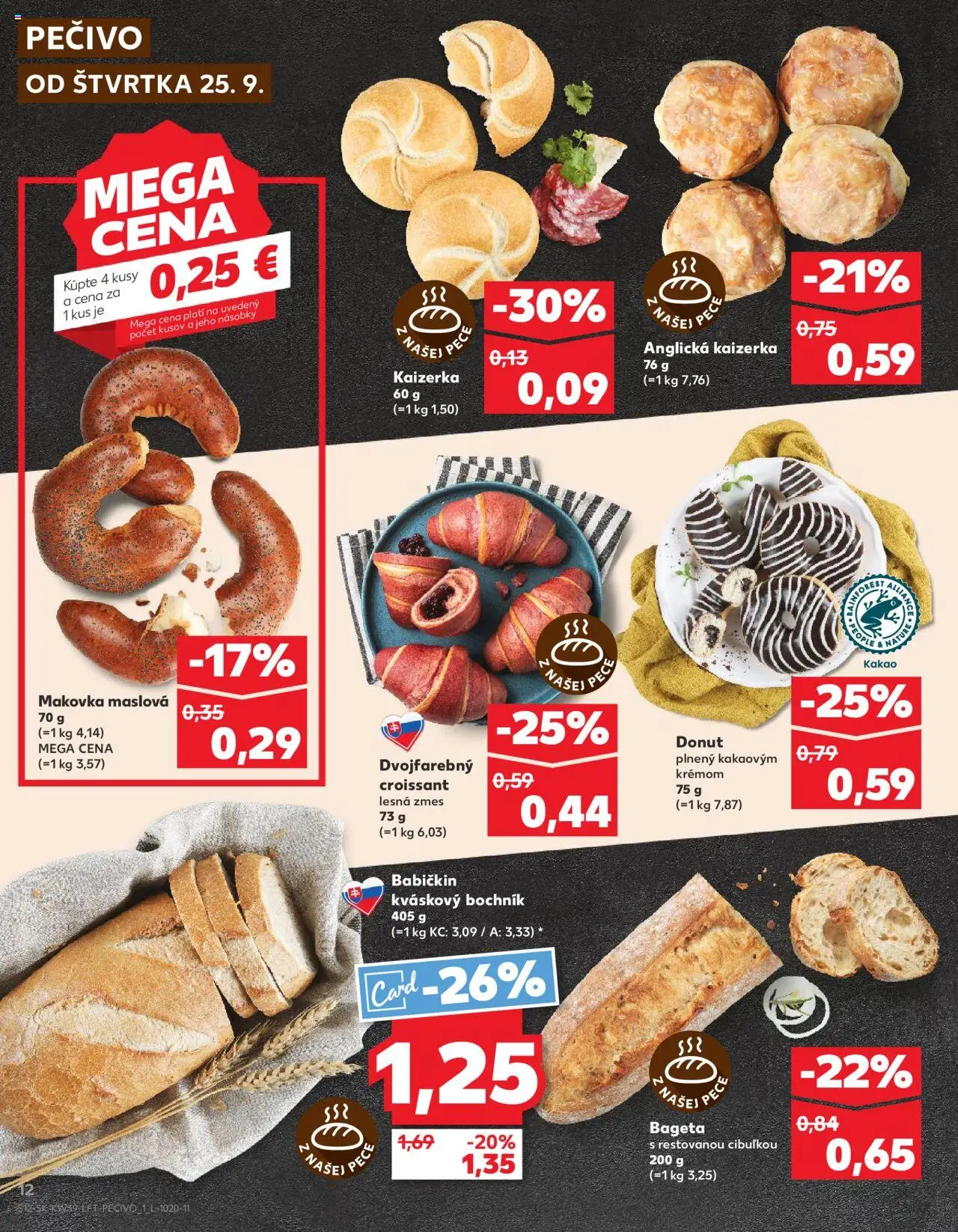 Nové Kaufland akcie – leták je platný od 25.09.2025 | Strana: 12 | Produkty: Donut, Croissant, Makovka, Kakao