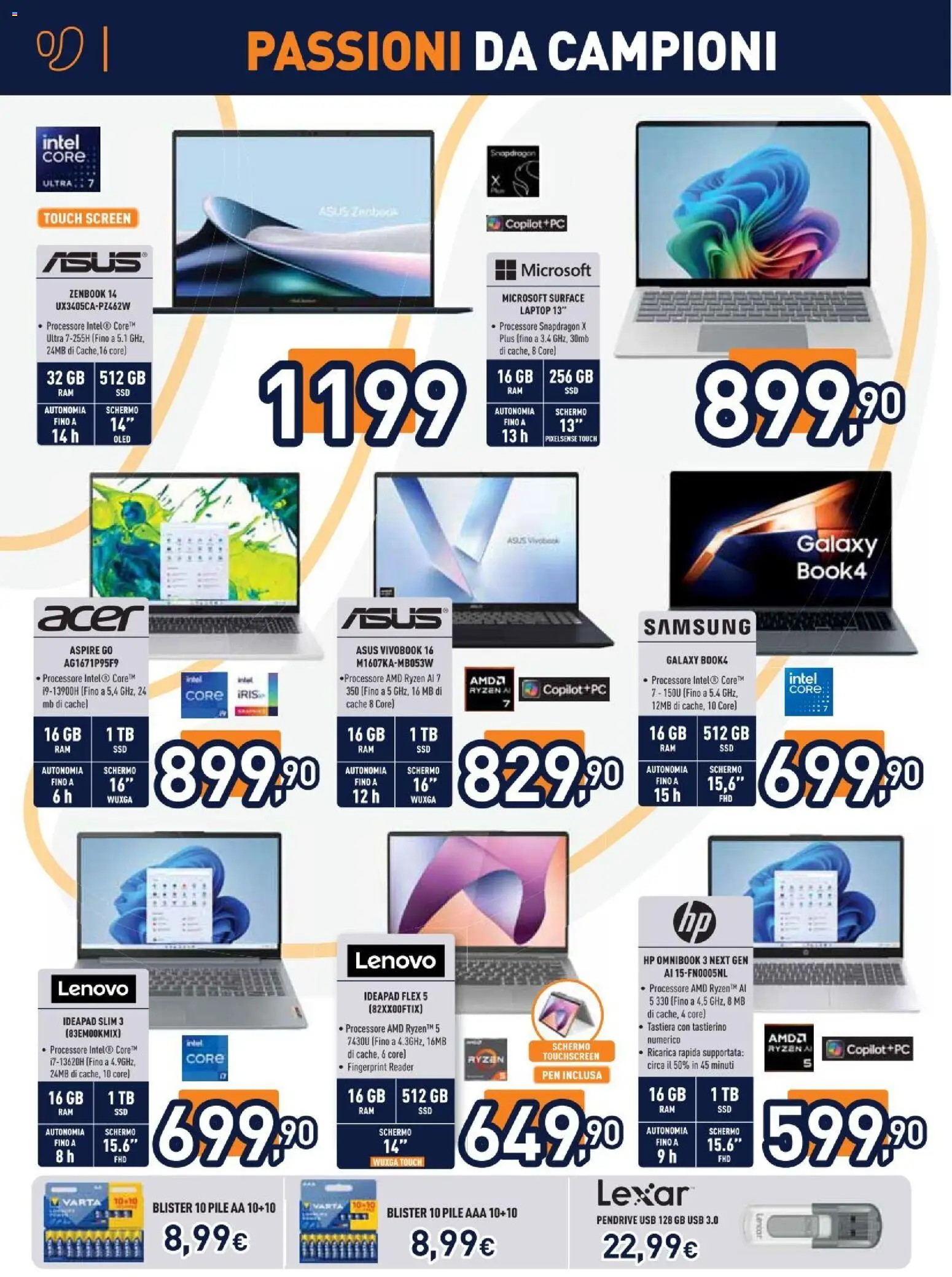 Volantino Unieuro del 13.02.2026 | Pagina: 12 | Prodotti: Pile, Schermo, Laptop, Samsung