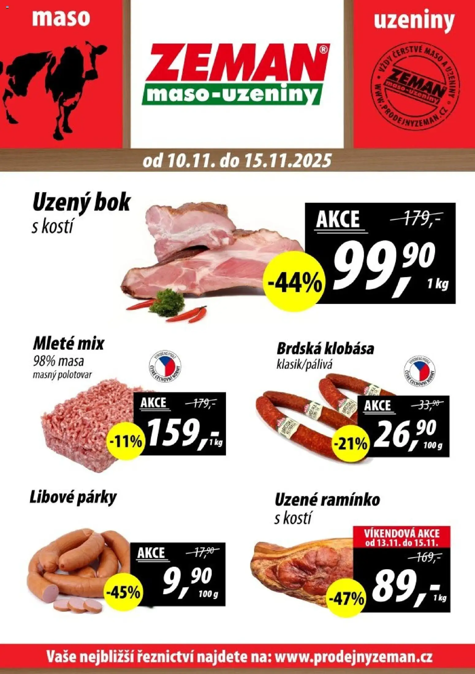 Prodejny Zeman leták - Plzeň od 10.11.2025 | Strana: 1 | Produkty: Párky, Klobása, Uzeniny, Maso