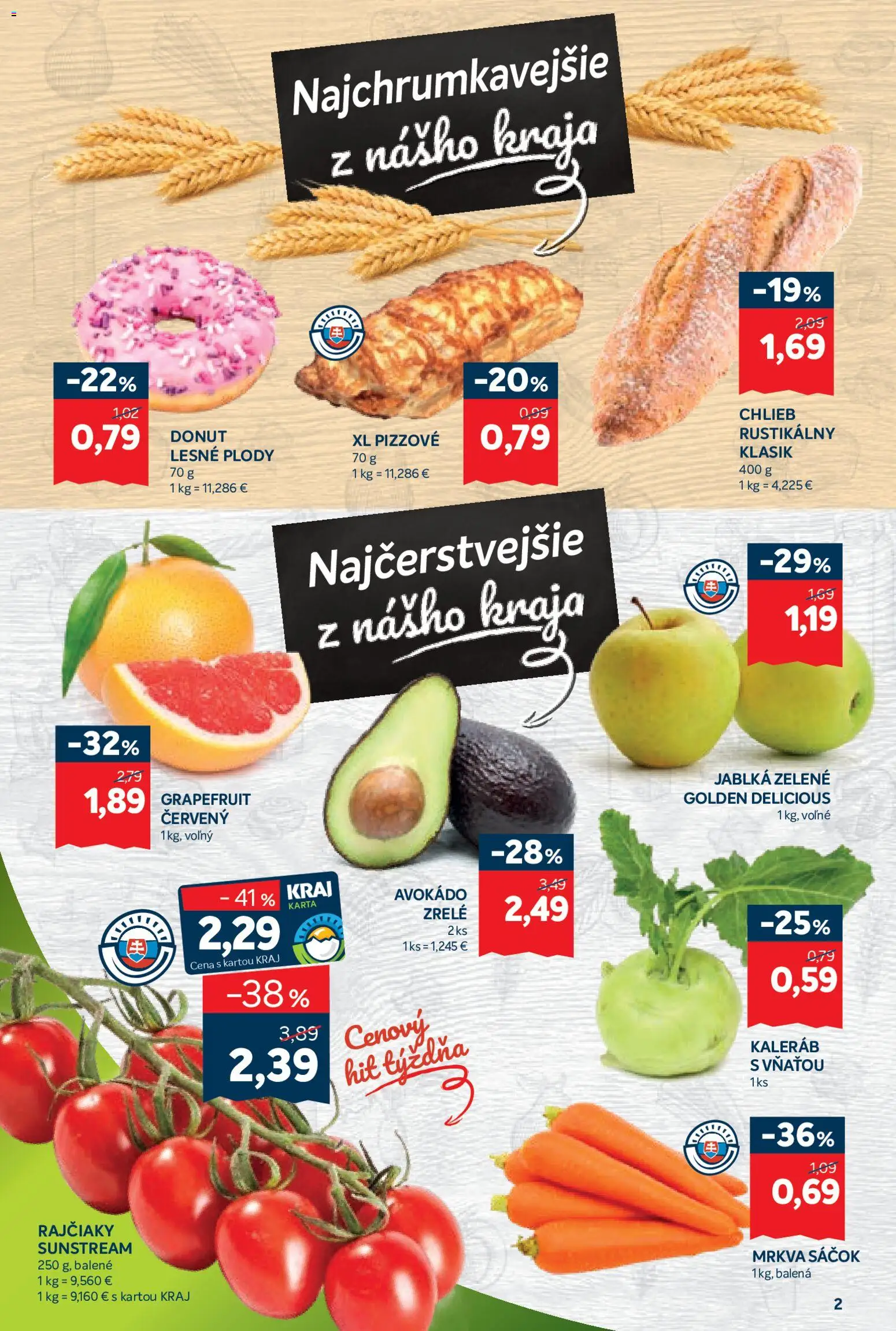 Nové Kraj akcie – leták je platný od 05.03.2026 | Strana: 2 | Produkty: Chlieb, Jablká, Avokádo, Grapefruit