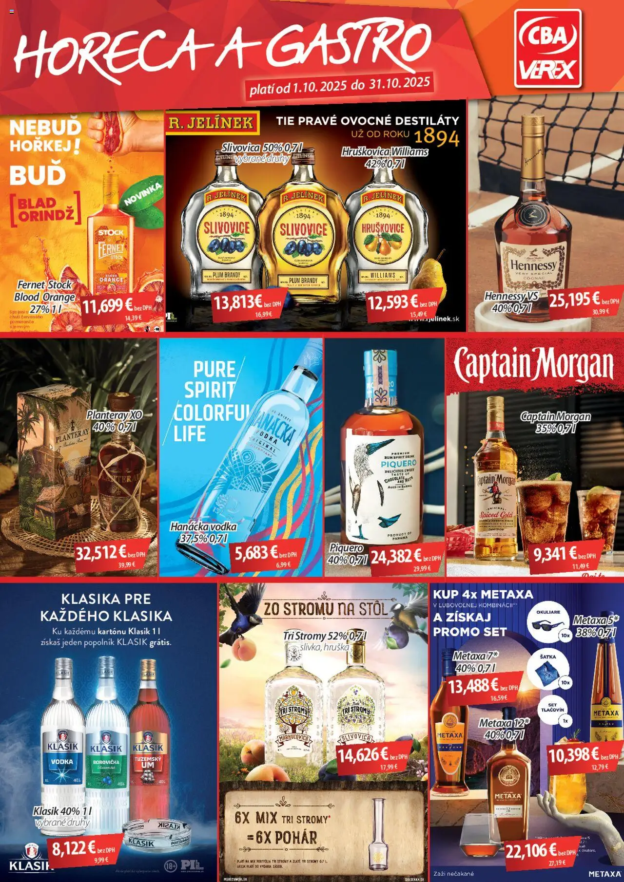 Nové CBA Verex akcie – leták je platný od 01.10.2025 | Strana: 1 | Produkty: Captain Morgan, Vodka, Fernet Stock, Rum