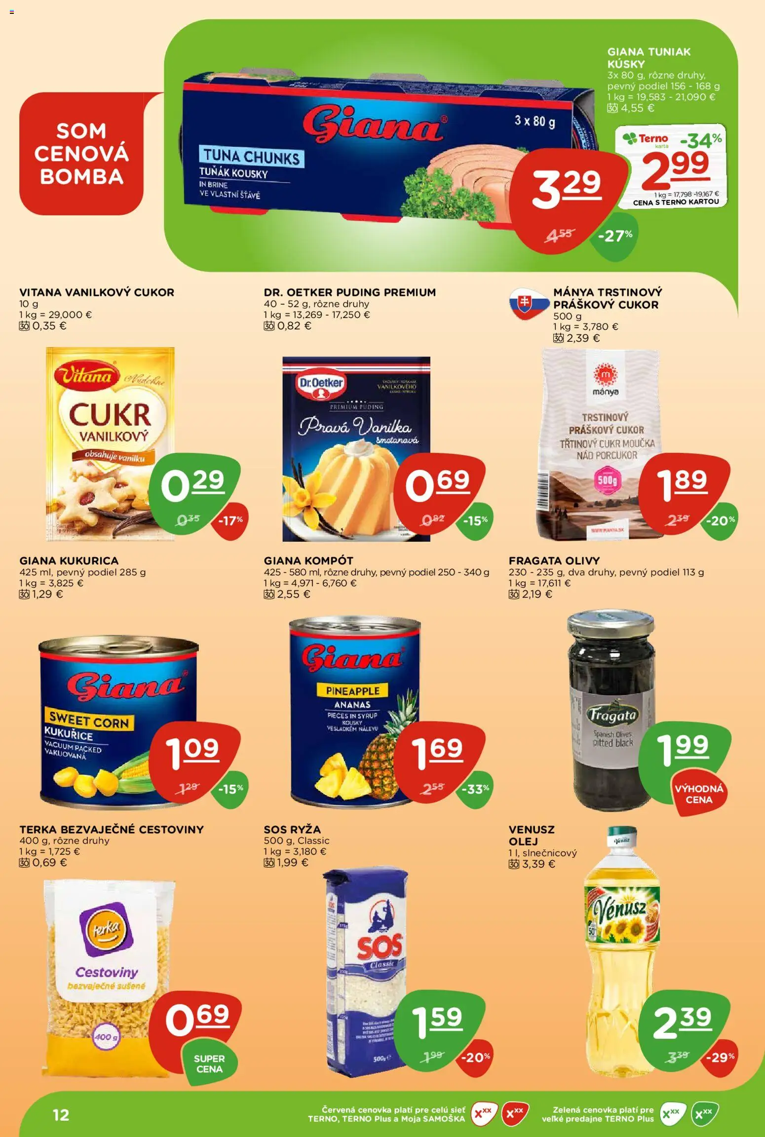 Nové Terno akcie – leták je platný od 12.03.2026 | Strana: 12 | Produkty: Tuniak, Ryža, Cestoviny, Puding