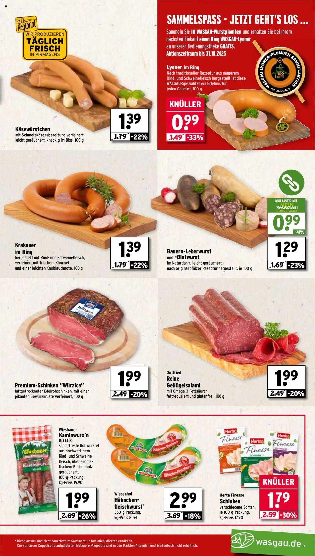 Wasgau Prospekt 	 – gültig ab 08.09.2025 | Seite: 9 | Produkte: Hahnchen, Schinken, Schweinefleisch, Herta finesse