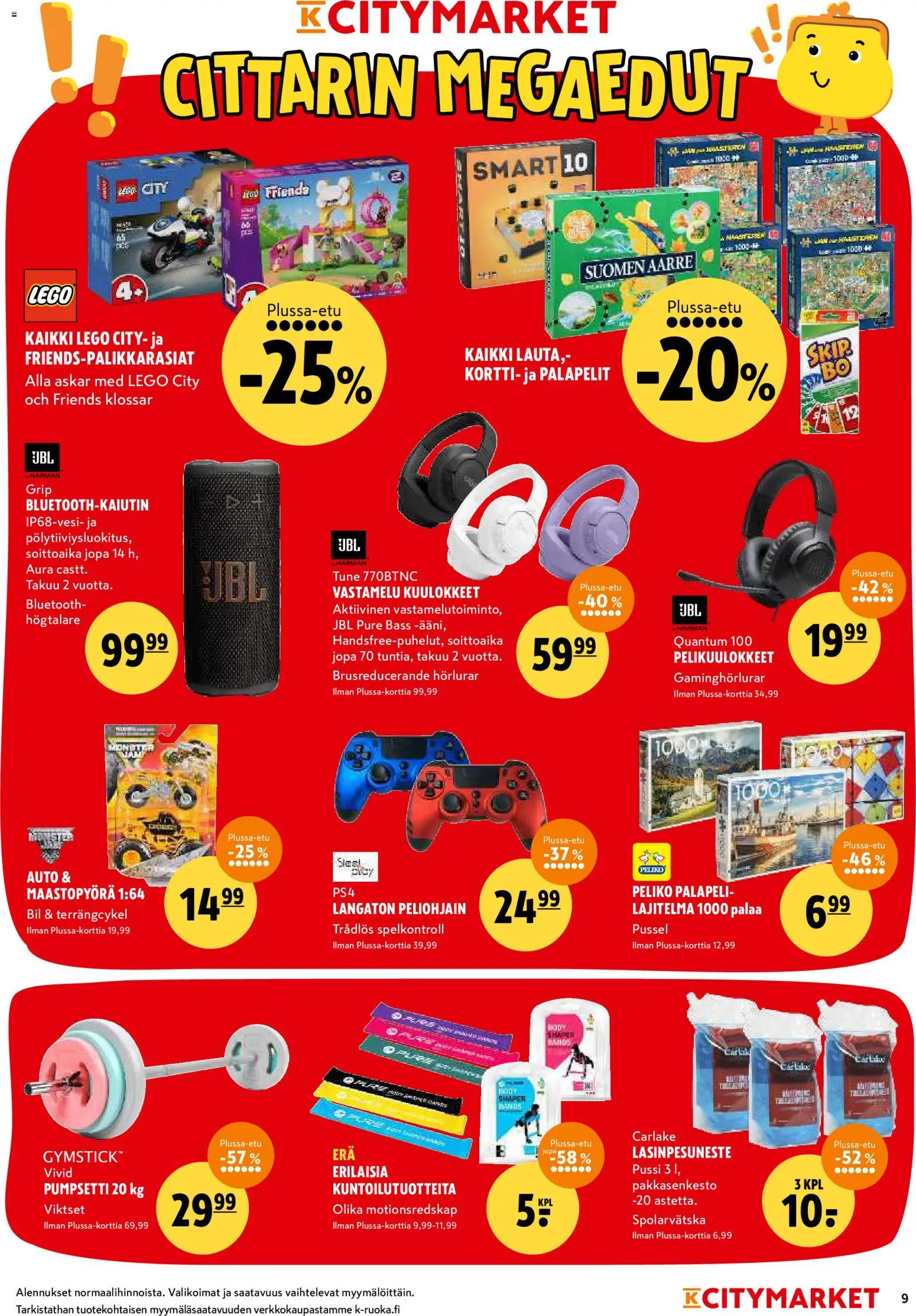 K-Citymarket tarjoukset – voimassa 19.01.2026 alkaen | Sivu: 9 | Tuotteet: Maastopyörä, Palapeli, Lasinpesuneste, Kuulokkeet