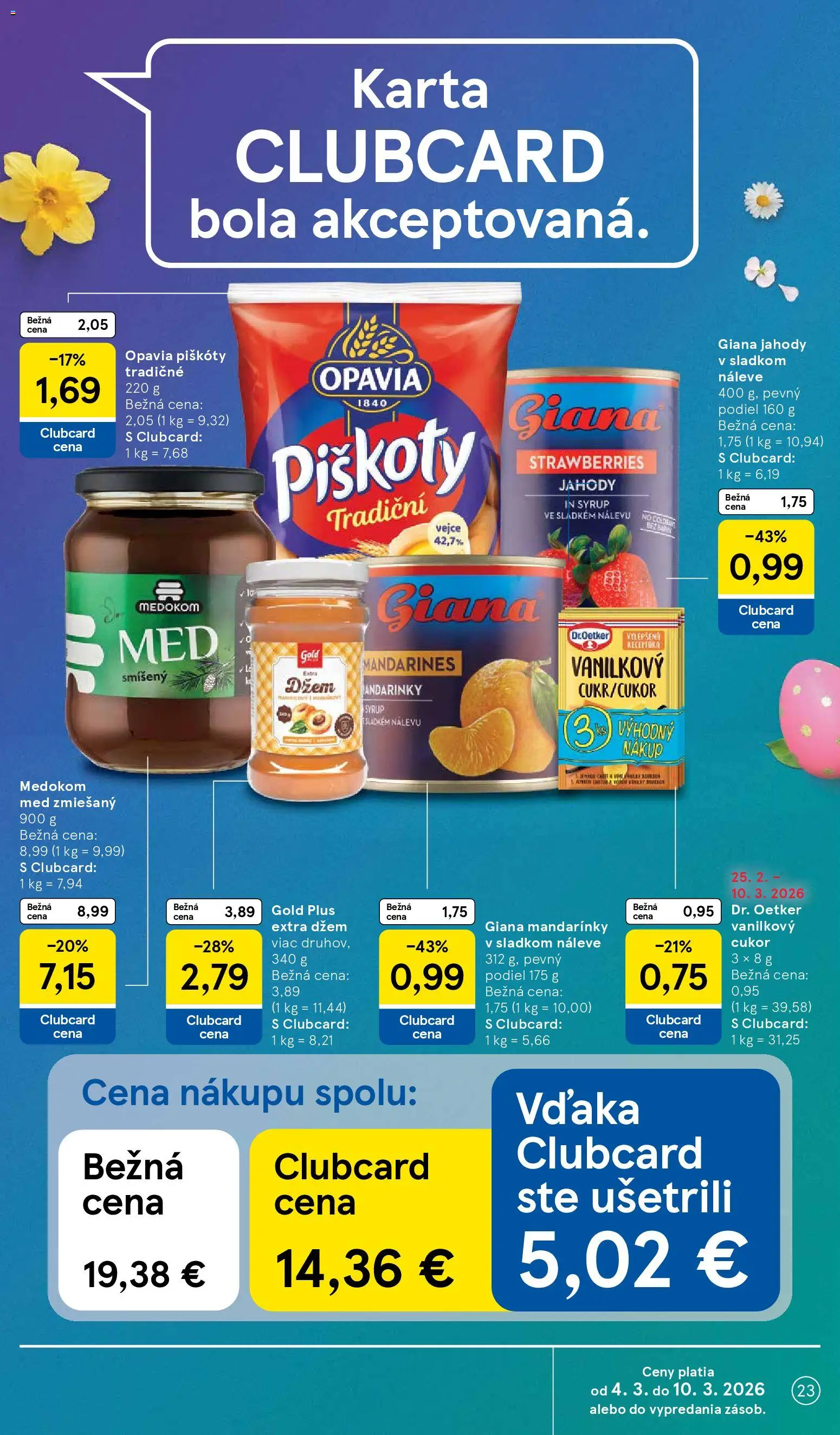 Nové Tesco akcie – leták je platný od 04.03.2026 | Strana: 23 | Produkty: Cukor, Jahody, Mandarinky, Med