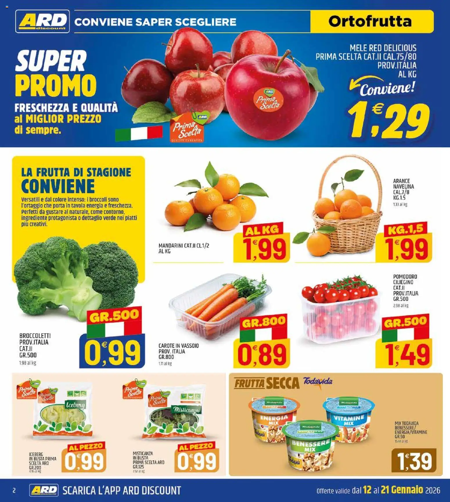 Volantino ARD Discount del 12.01.2026 | Pagina: 2 | Prodotti: Mele, Frutta, Pomodoro, Broccoletti