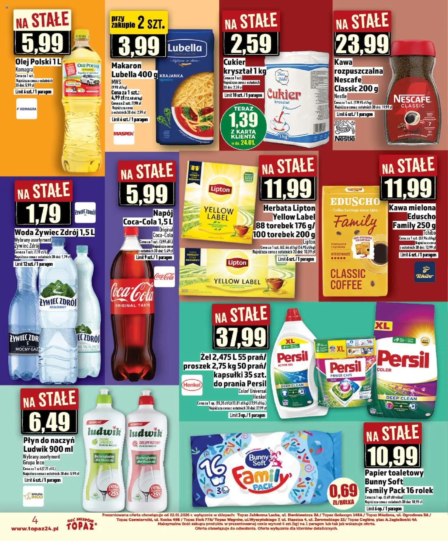 Topaz Gazetka - Ceny małe na stałe od 22.01.2026 | Strona: 4 | Produkty: Woda żywiec, Tchibo, Herbata lipton, Makaron
