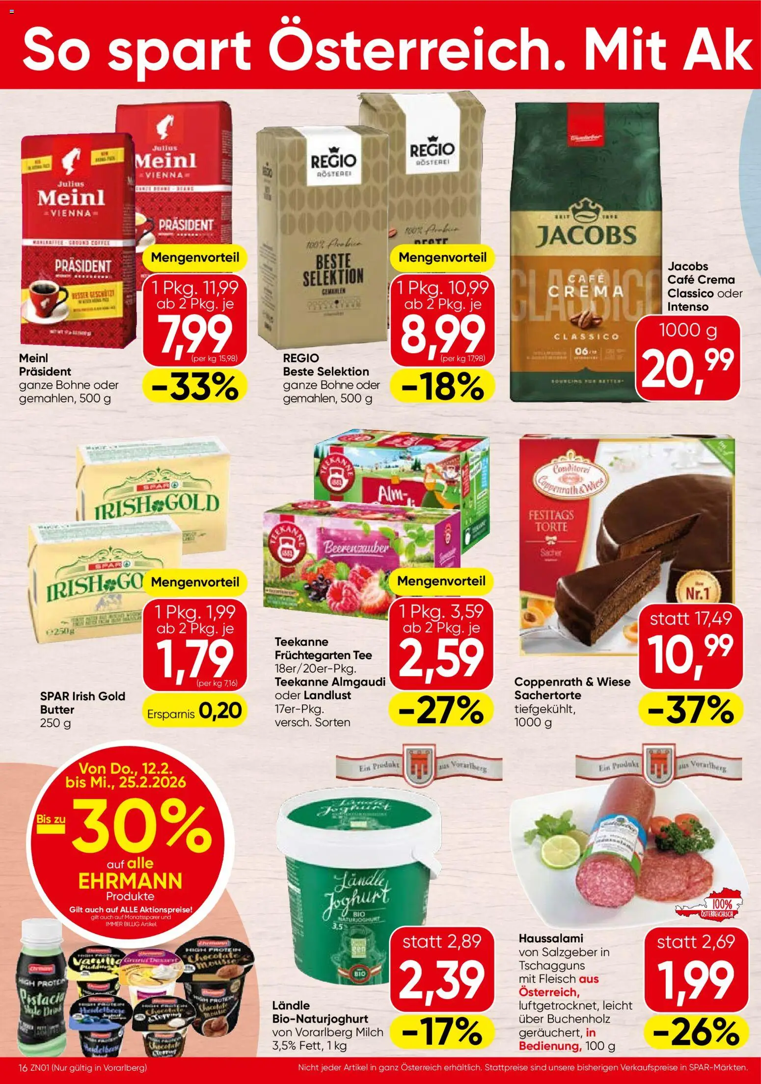 Spar Flugblatt - Vorarlberg gültig ab 12.02.2026 | Seite: 16 | Produkte: Milch, Butter, Joghurt, Tee