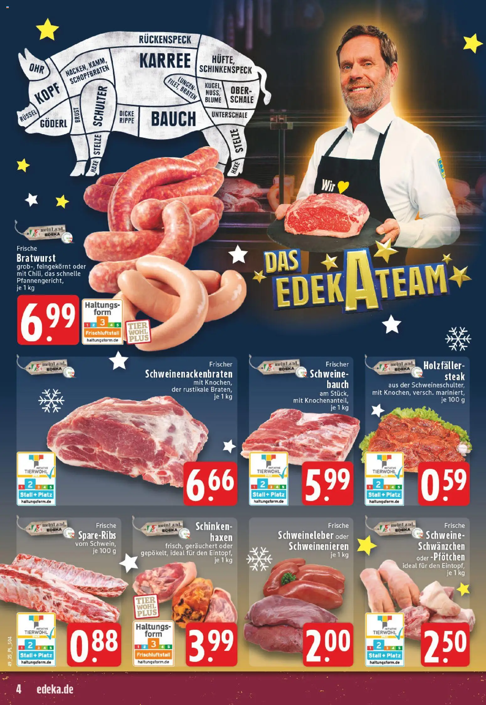 Edeka Prospekt 	 – gültig ab 01.12.2025 | Seite: 4 | Produkte: Bratwurst, Spare ribs, Schinken, Steak