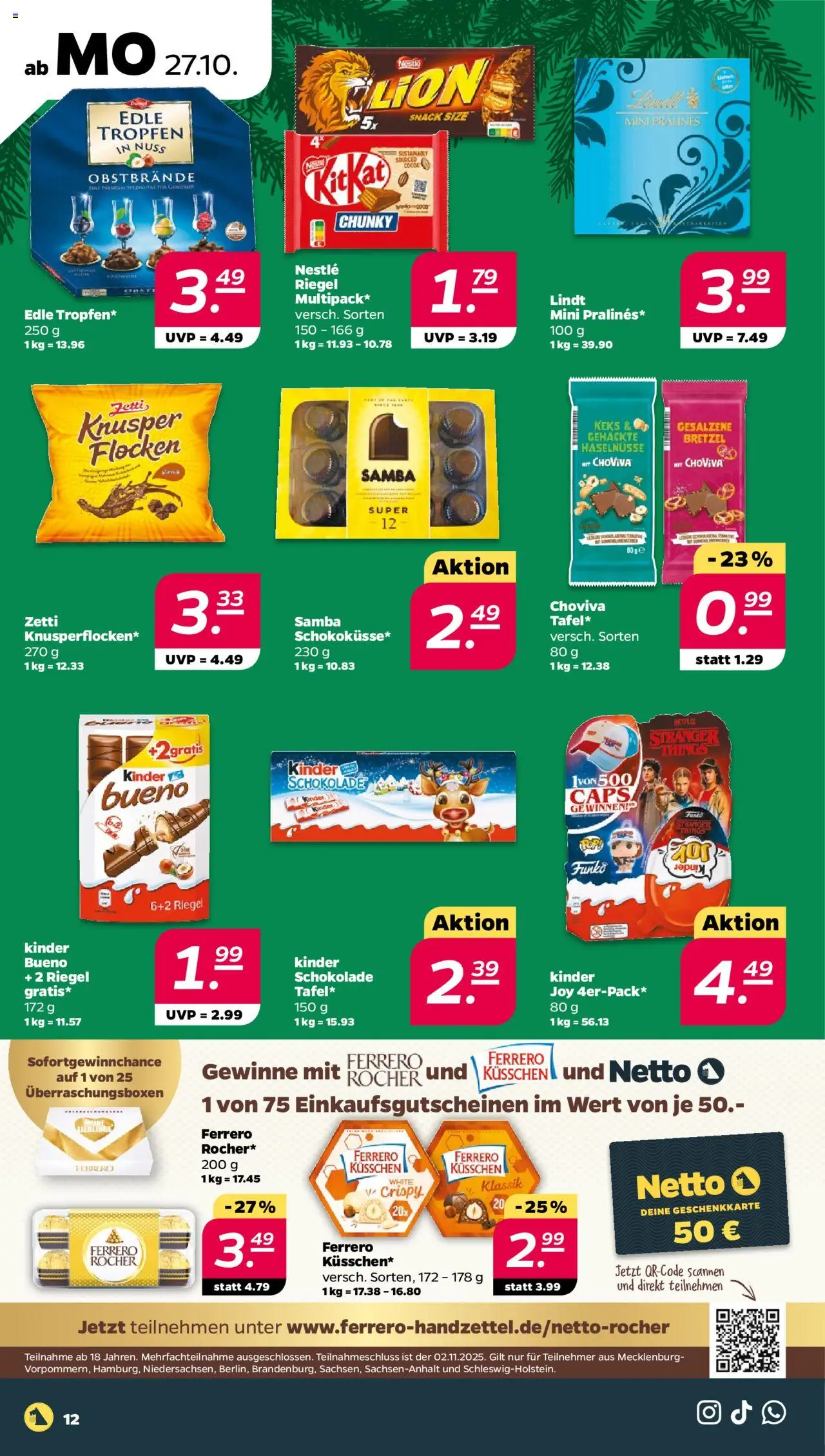 Netto Prospekt 	 – gültig ab 27.10.2025 | Seite: 12 | Produkte: Ferrero rocher, Schokolade, Kinder bueno, Lindt