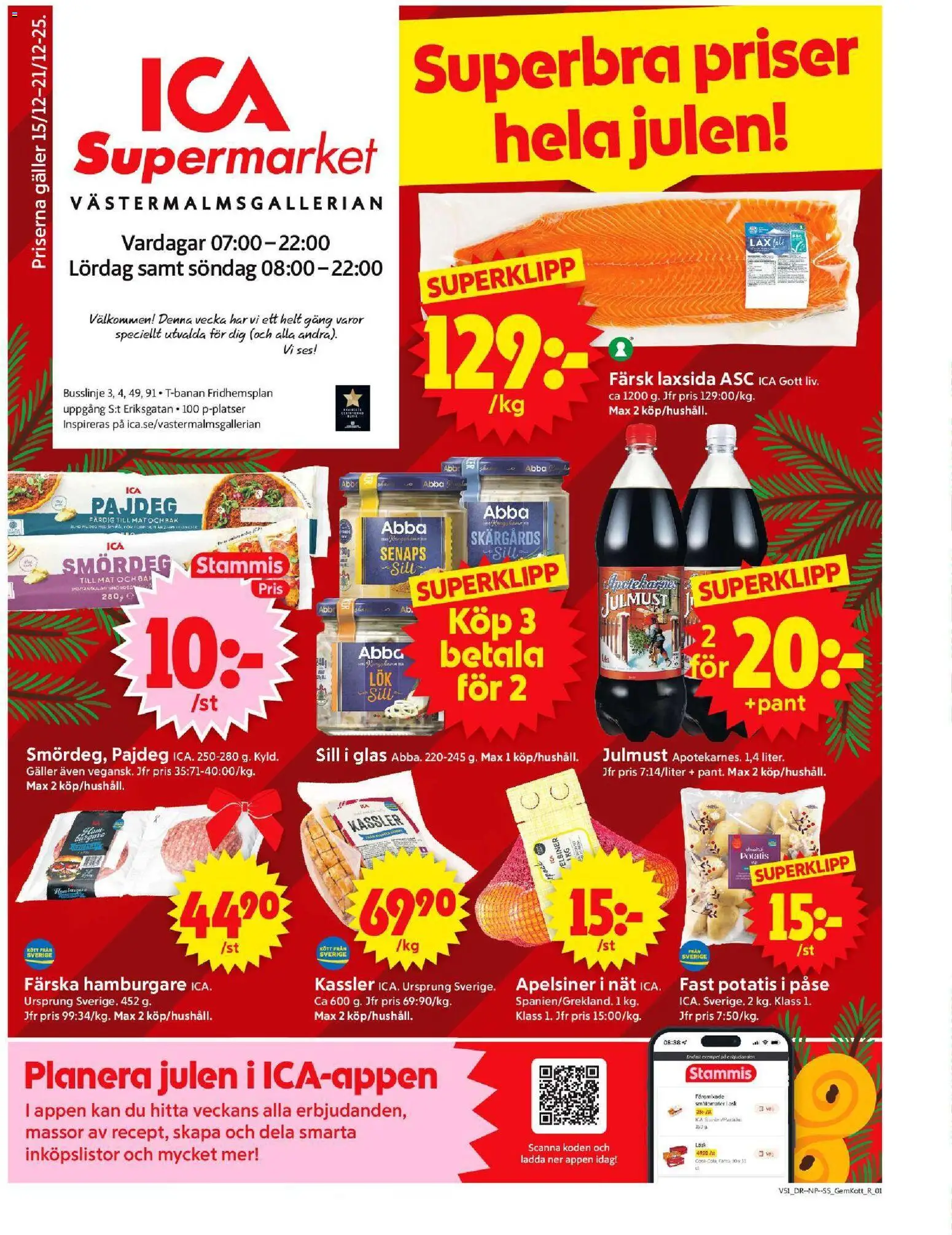 ICA Supermarket reklamblad aktuell från 15.12.2025 | Sida: 1 | Produkter: Kassler, Sill, Lax, Potatis
