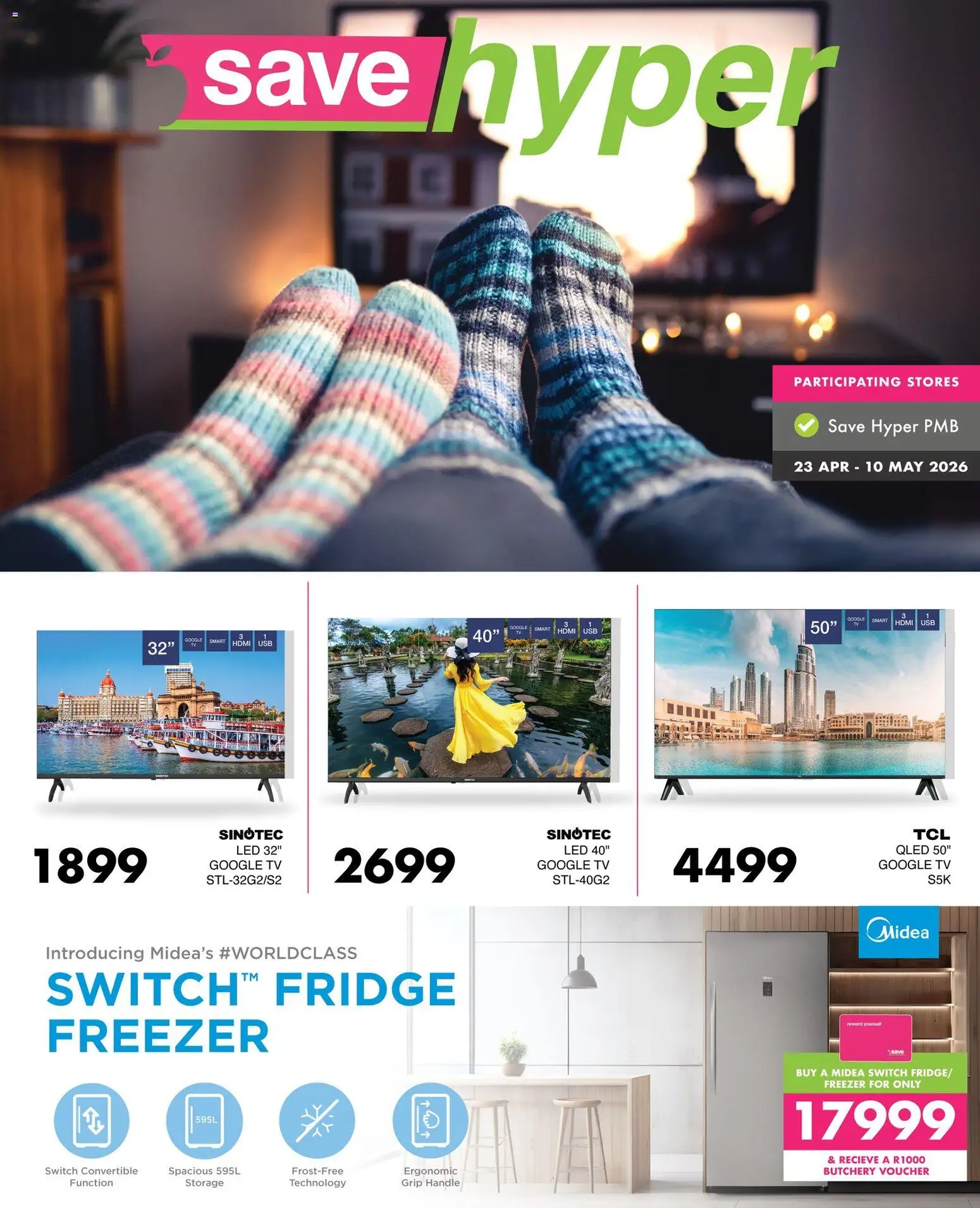 New Save catalogue – valid from 23.04.2026 | Page: 1 | Products: Freezer, TV, Fridge, Switch