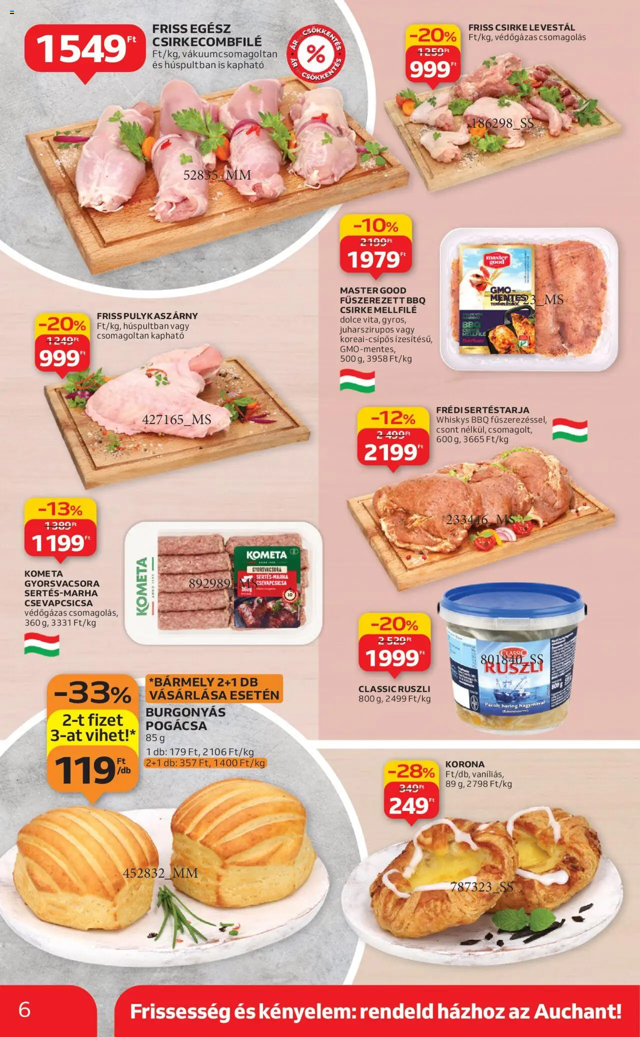 Auchan akciós ujság - amely érvényes a következő dátumtól: 28.08.2025 | Oldal: 6 | Termékek: Pulykaszárny, Csirkecombfile, Hering, Pogácsa