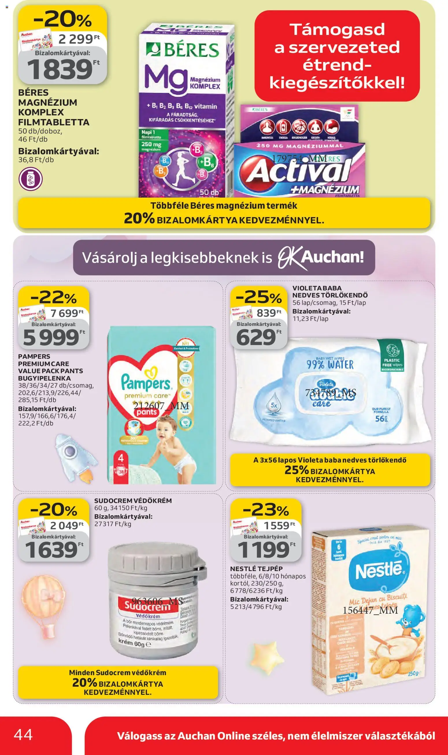 Auchan akciós ujság - amely érvényes a következő dátumtól: 05.03.2026 | Oldal: 44 | Termékek: Pampers, Törlőkendő, Nedves törlőkendő, Bor