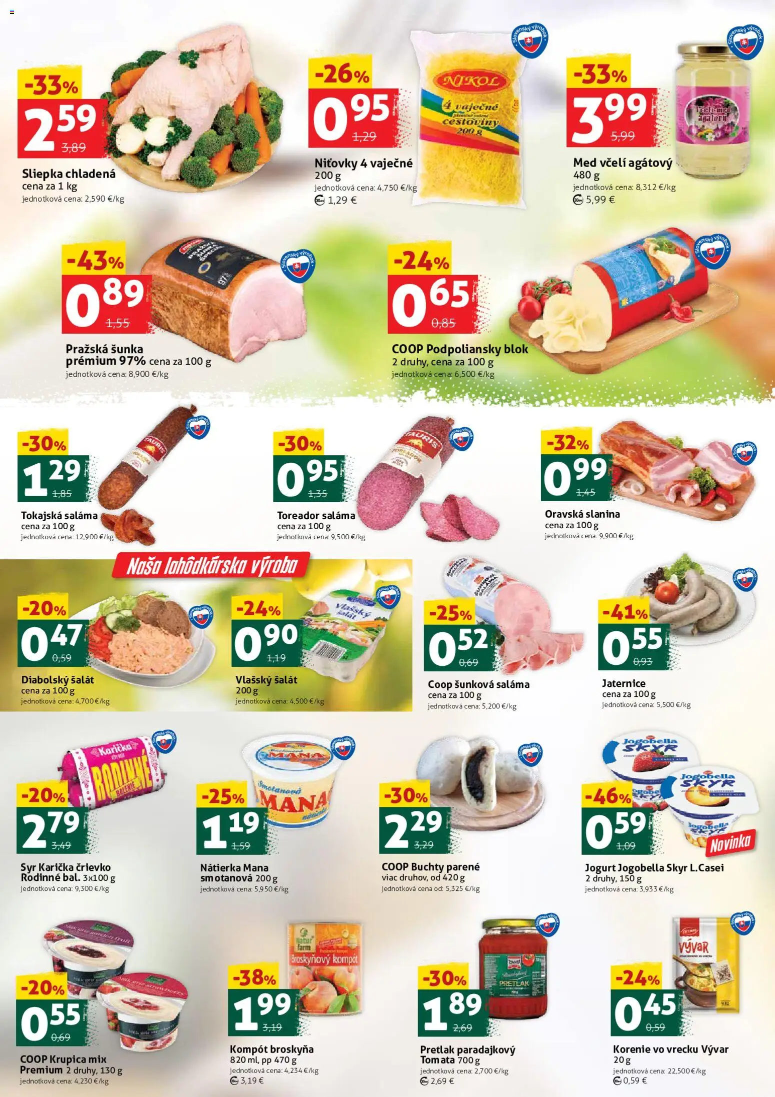 Nové COOP Jednota akcie – leták je platný od 30.01.2026 | Strana: 2 | Produkty: Syr, Saláma, Skyr, Med
