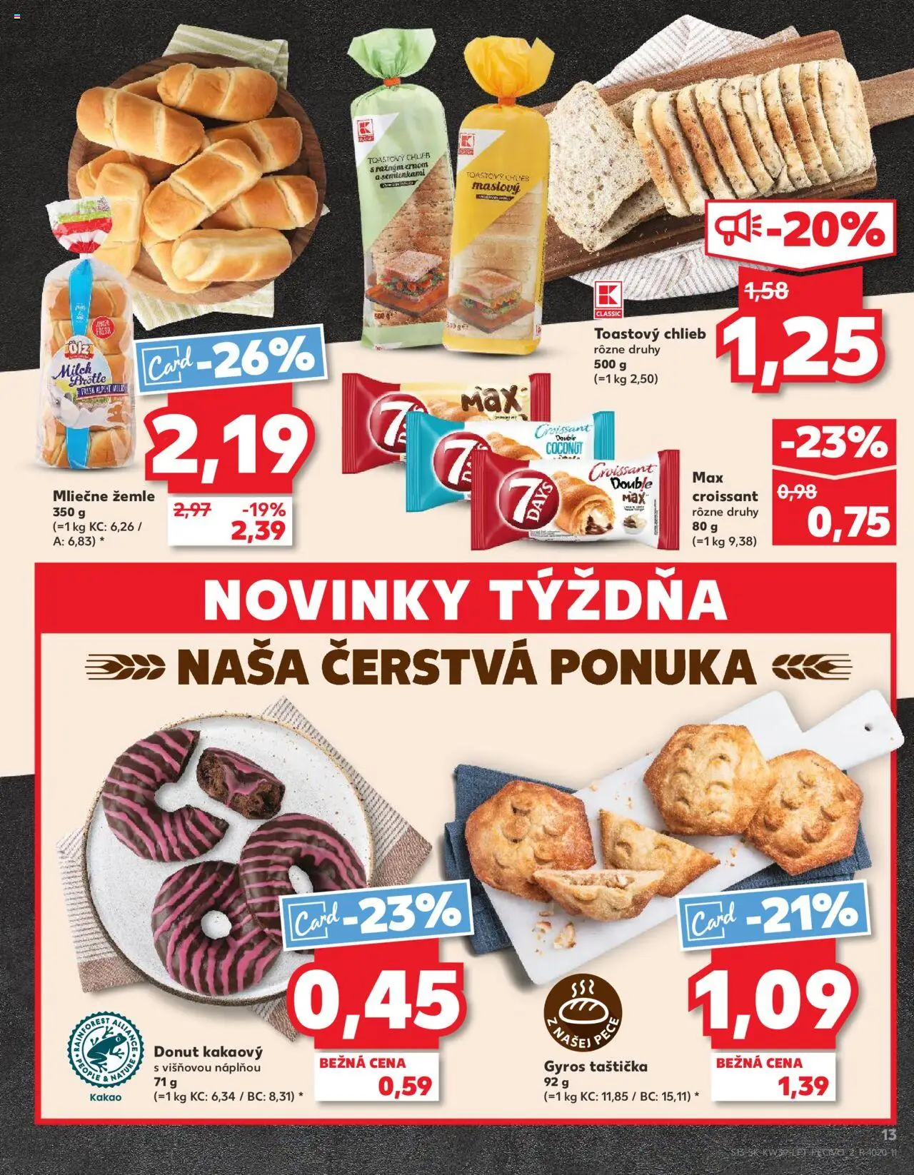 Nové Kaufland akcie – leták je platný od 25.09.2025 | Strana: 13 | Produkty: Chlieb, Donut, Croissant, Kakao