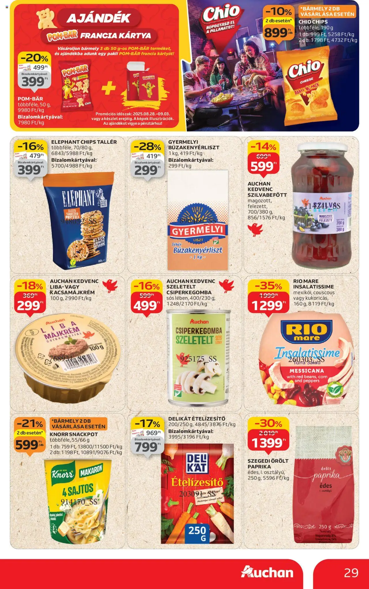 Auchan akciós ujság - amely érvényes a következő dátumtól: 28.08.2025 | Oldal: 29 | Termékek: Májkrém, Csiperkegomba, Chips, Szilvabefőtt