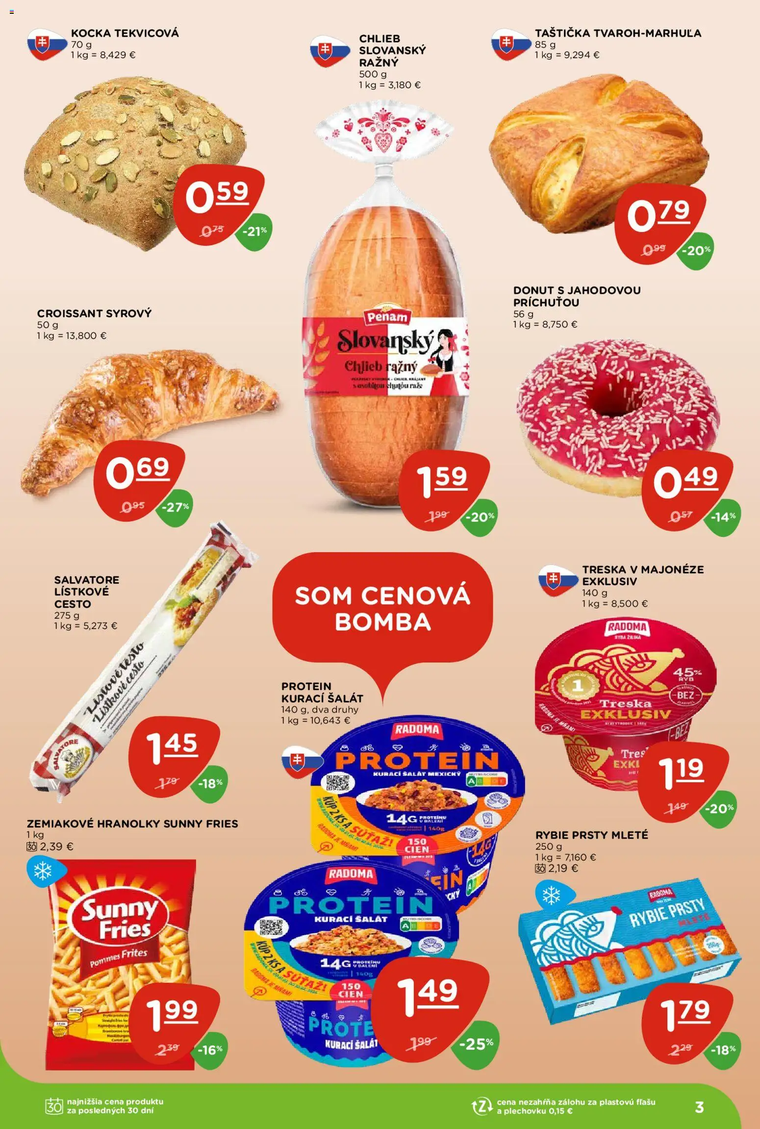 Nové Terno akcie – leták je platný od 16.04.2026 | Strana: 3 | Produkty: Donut, Croissant, Lístkové cesto, Šalát