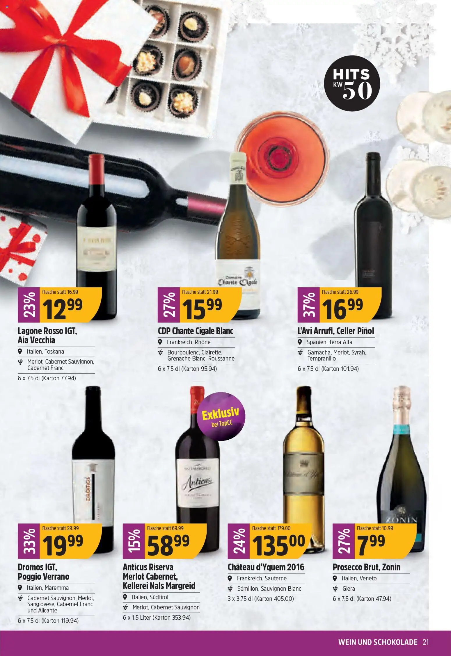 TopCC Aktionen – gültig ab 08.12.2025 | Seite: 21 | Produkte: Merlot, Schokolade, Wein