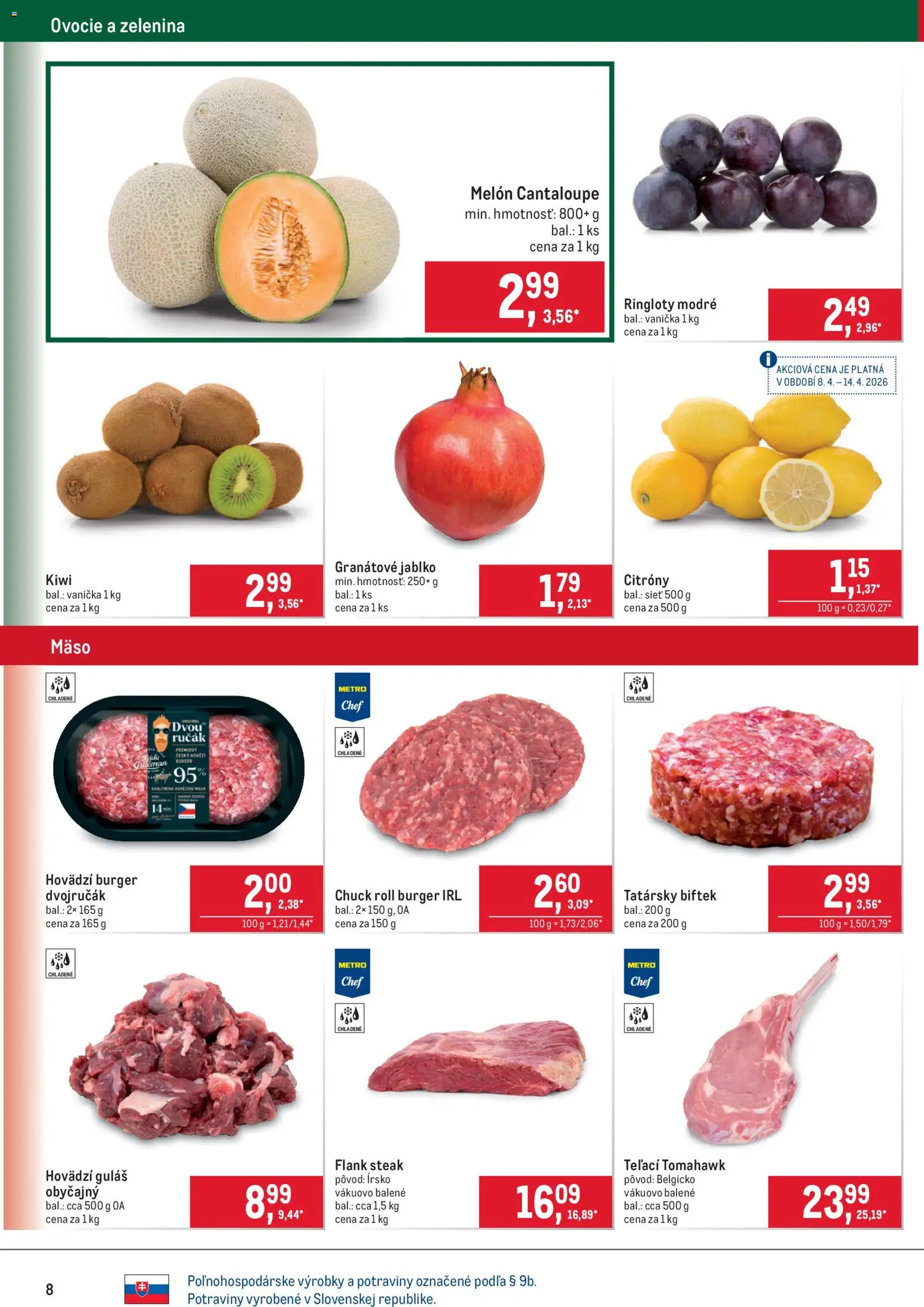 Nové Metro akcie – leták je platný od 08.04.2026 | Strana: 8 | Produkty: Citróny, Kiwi, Melón, Ovocie