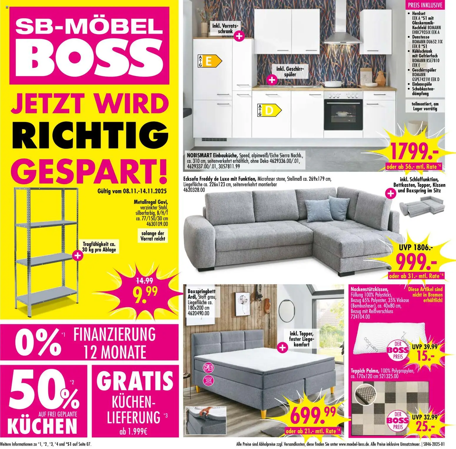 SB Möbel Boss Prospekt 	 – gültig ab 08.11.2025 | Seite: 1 | Produkte: Ecksofa, Kissen, Liege, Kochfeld