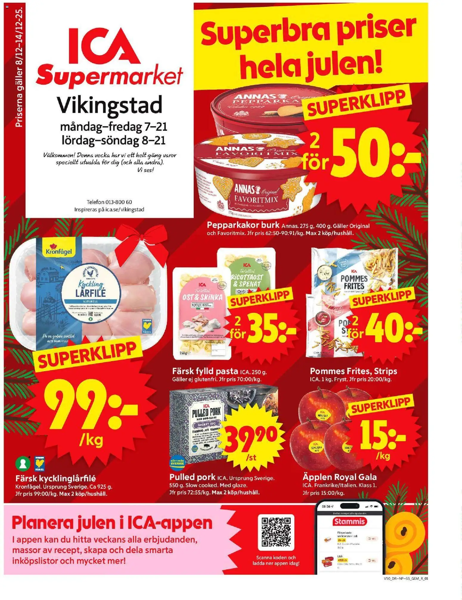 ICA Supermarket reklamblad aktuell från 08.12.2025 | Sida: 1 | Produkter: Fanta, Skinka, Äpplen, Telefon