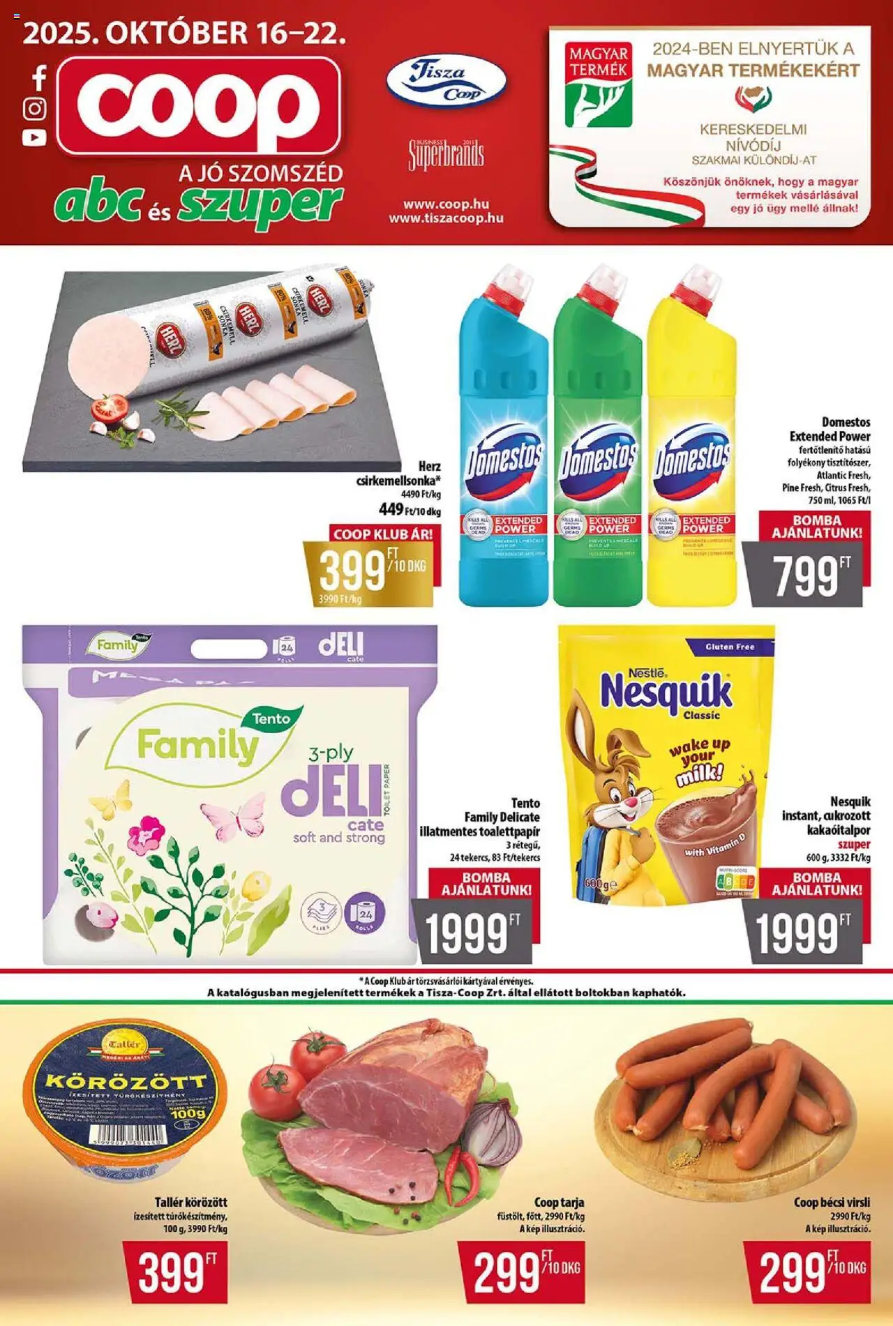 COOP akciós ujság - amely érvényes a következő dátumtól: 16.10.2025 | Oldal: 1 | Termékek: Virsli, Tarja, Nesquik, Csirkemell