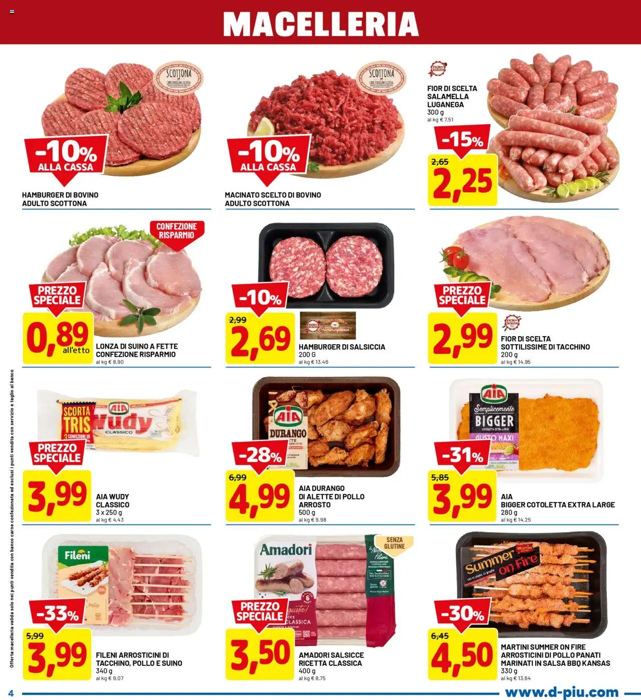 Volantino D Più del 18.08.2025 | Pagina: 4 | Prodotti: Salsiccia, Hamburger, Arrosticini, Macinato