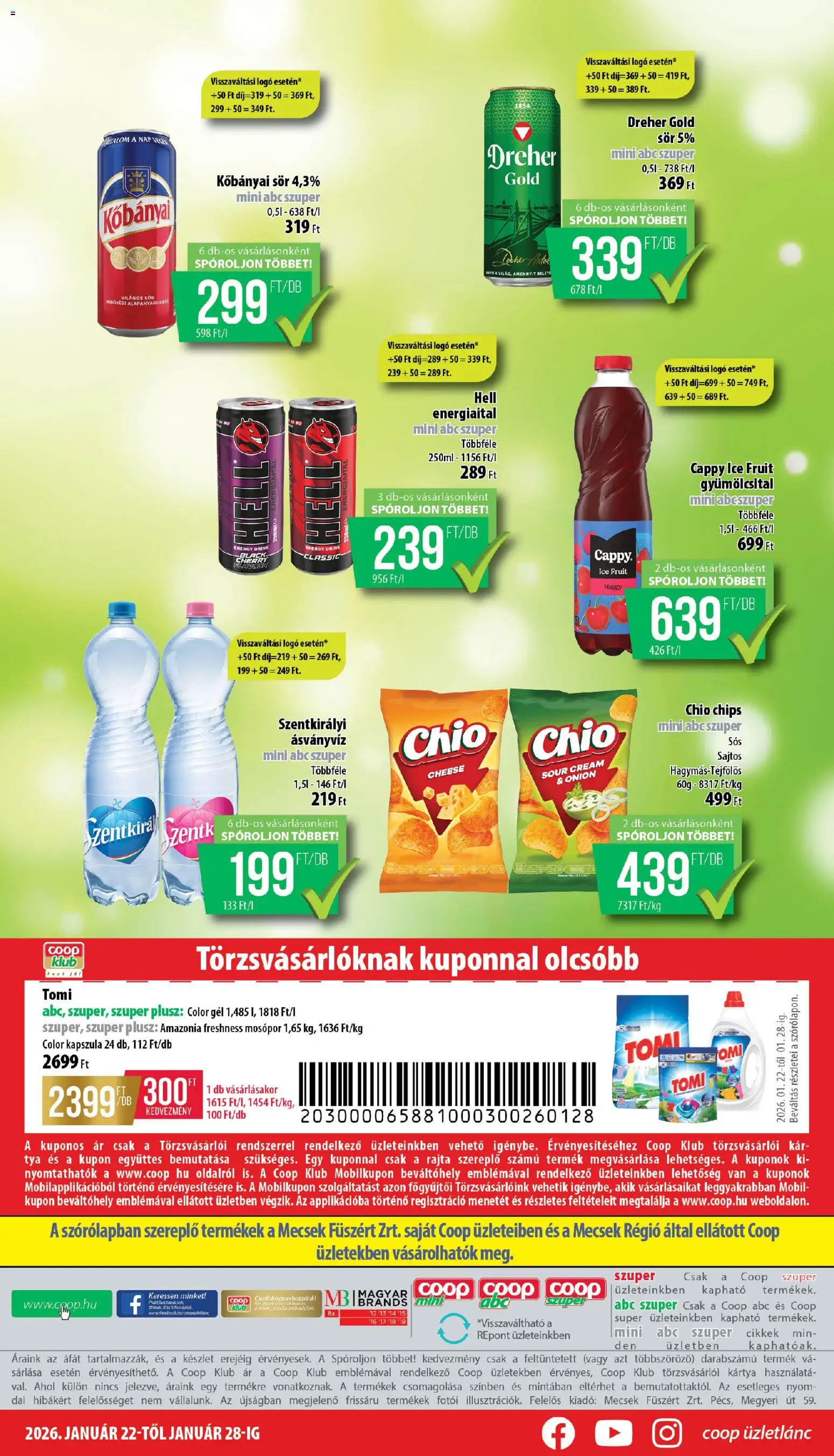 COOP akciós ujság - amely érvényes a következő dátumtól: 22.01.2026 | Oldal: 8 | Termékek: Chips, Energiaital, Meggy, Sör