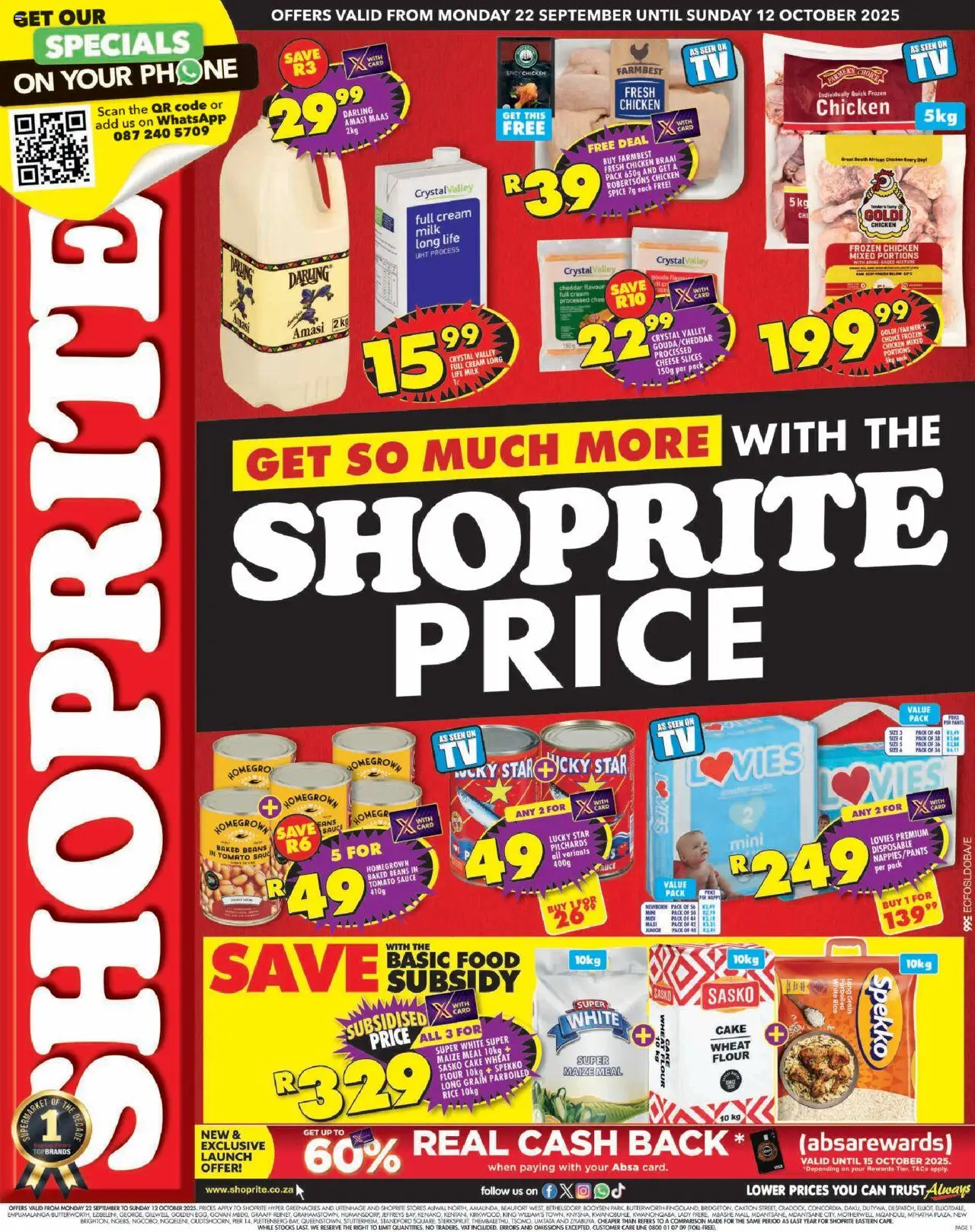 New Shoprite catalogue – valid from 22.09.2025 | Page: 1 | Products: Maize meal, Cheese, Tomato sauce, Cream